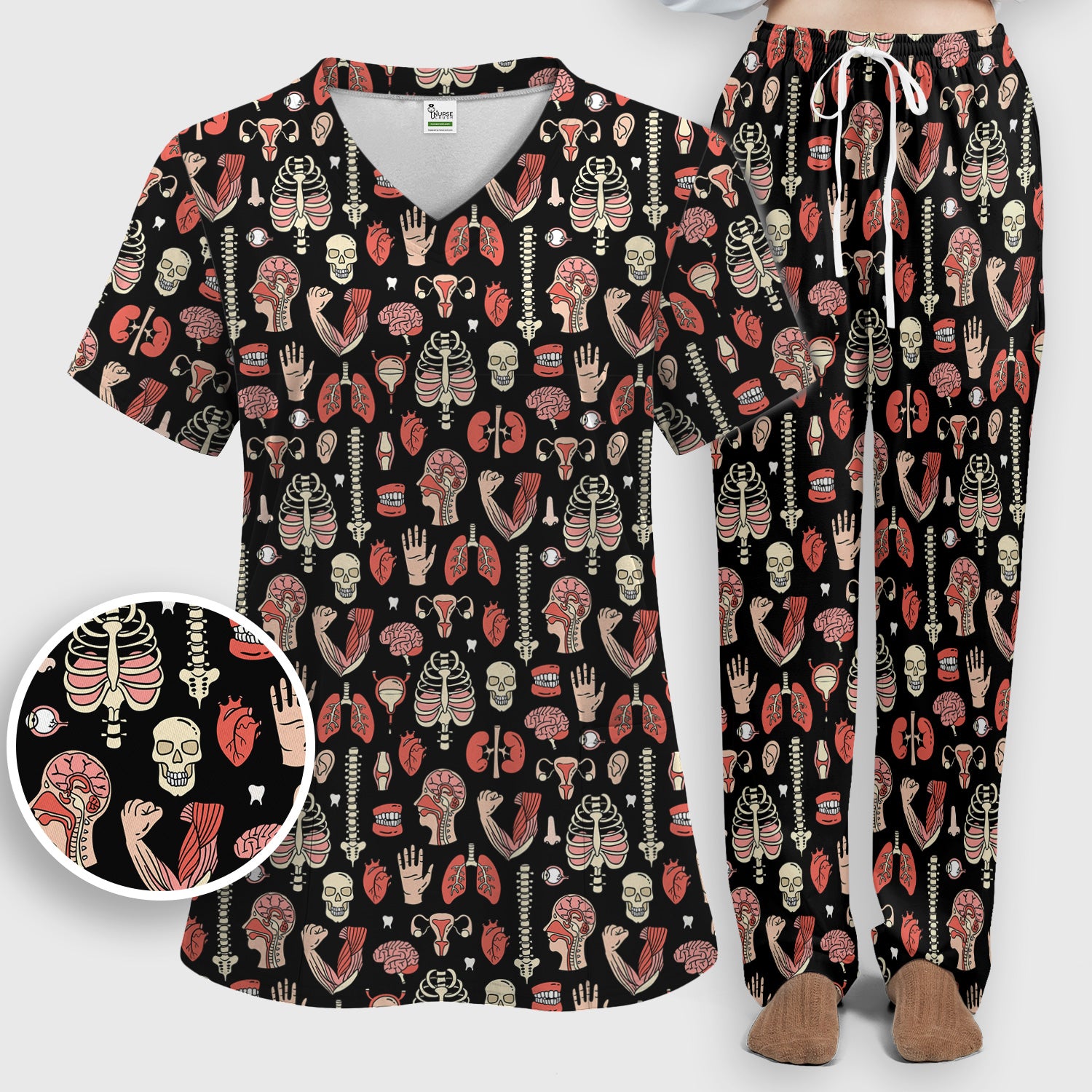 Human Anatomy Body Parts Pattern Scrubs Sets, Breathable Med Uniform