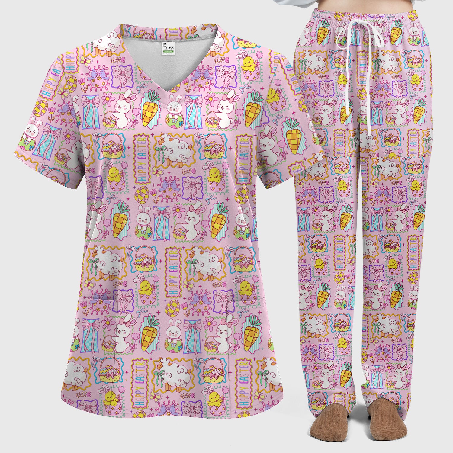 Cute Easter Bunny Egg and Bow Print Scrub Set, Scrub Pants and V Neck Top