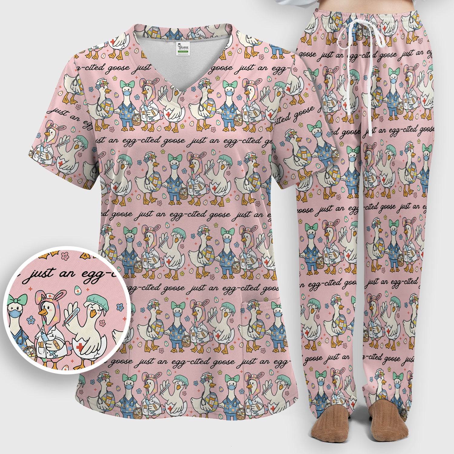 Funny Easter Nurse Goose Pattern Scrub Set, Scrub Pants and V Neck Top