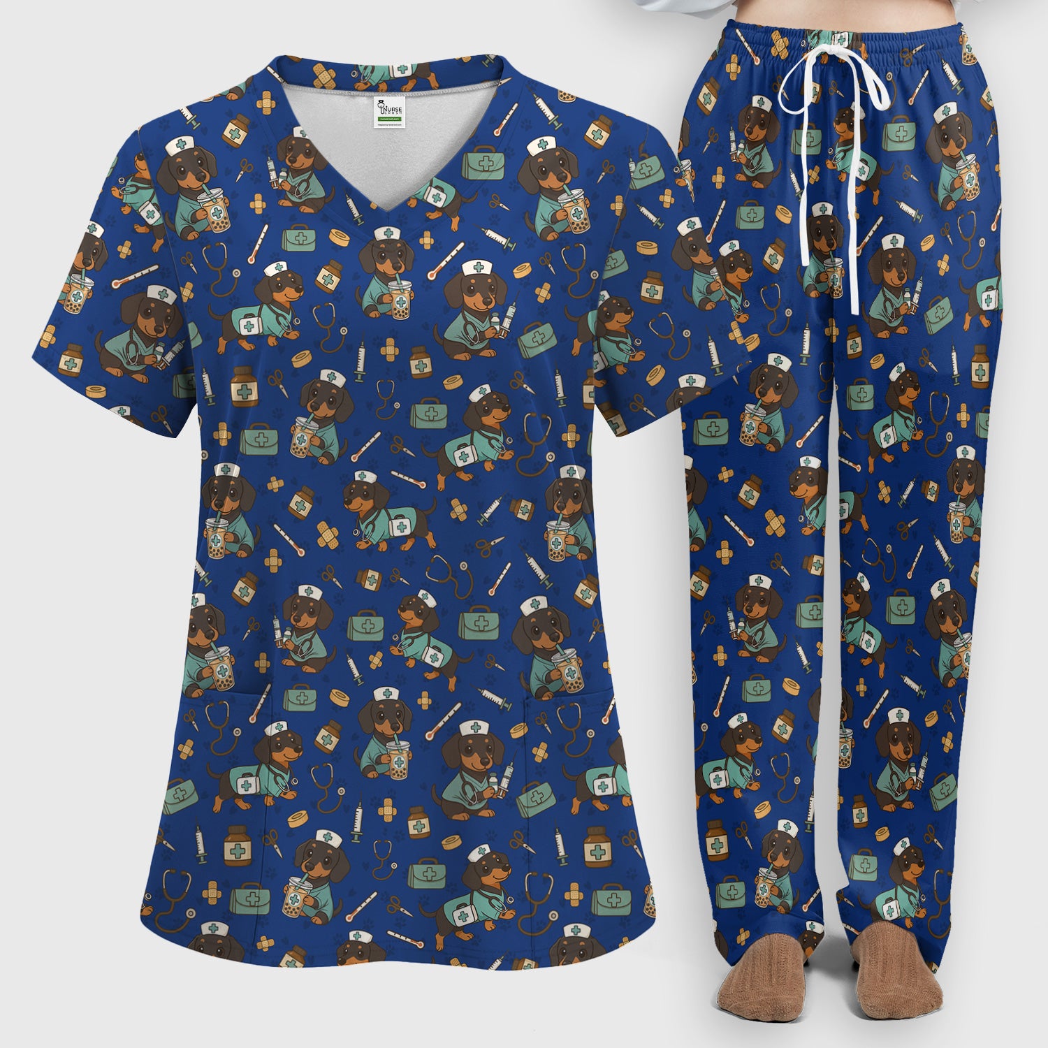 Funny Dachshund Nurse Scrubs Set - Cute Dog Print Medical Shirt - Holiday Nurse Scrub Top Gift for RN CNA Doctor, Women & Men
