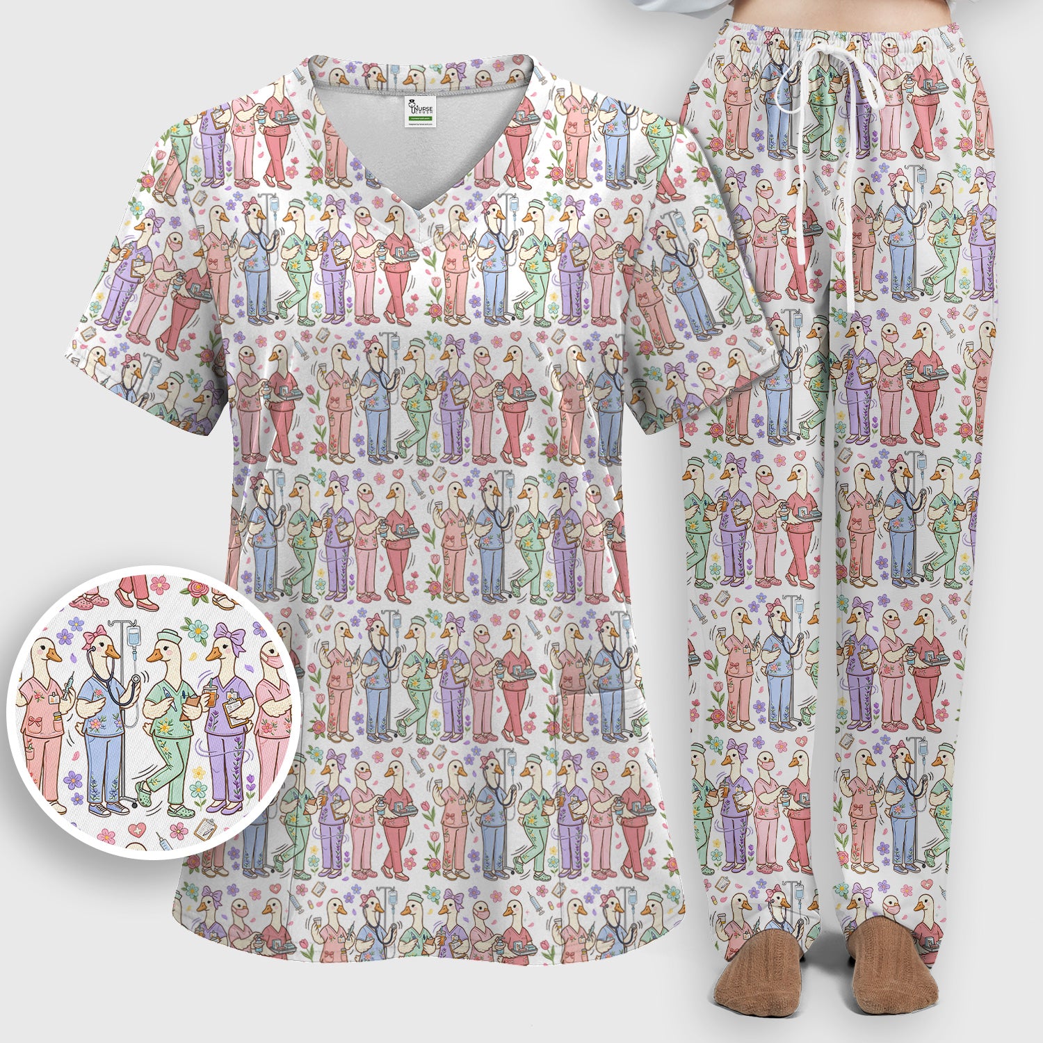 Goose Characters Floral Medical Team Uniform Pattern Scrub Set, Breathable Med Uniform