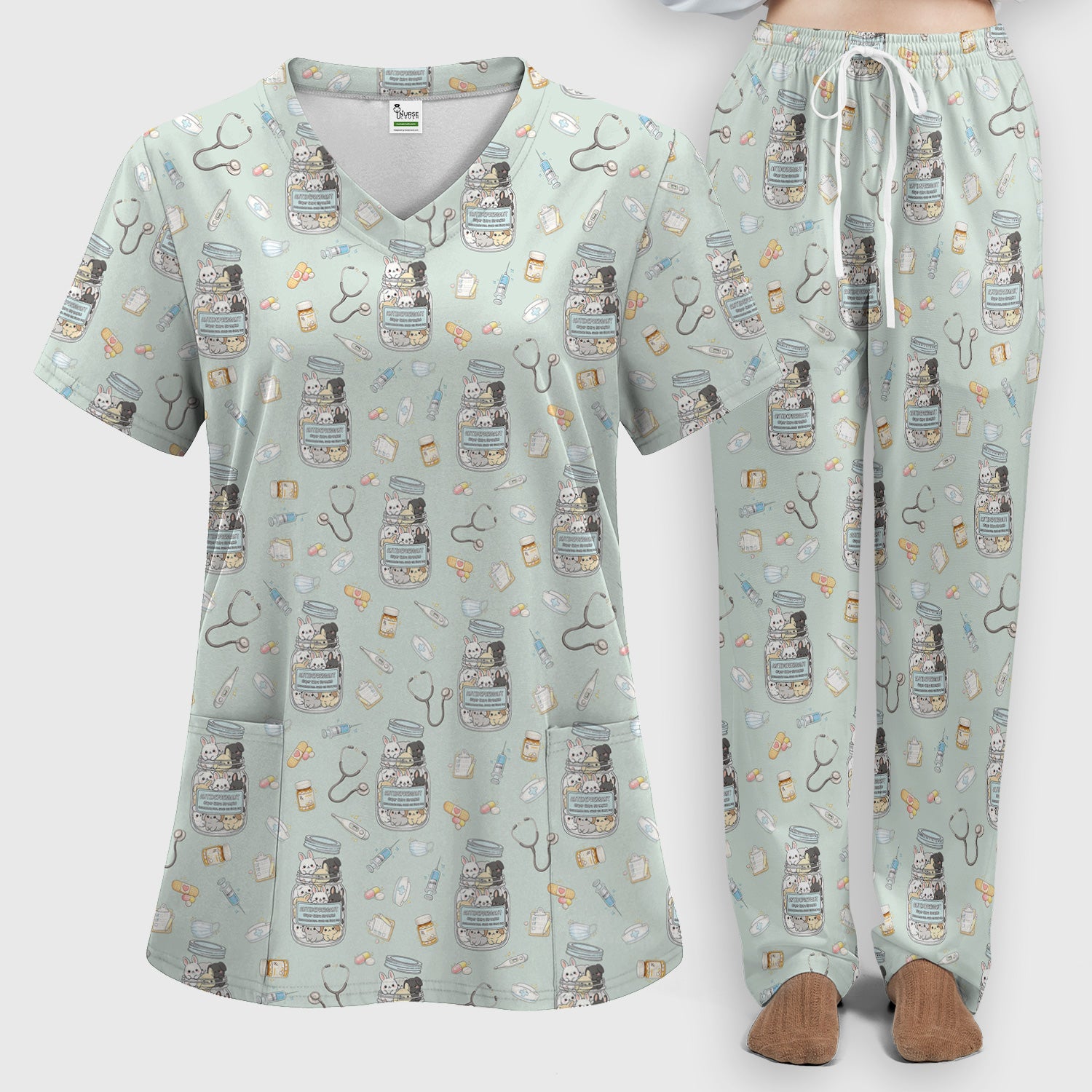 Whimsical Antidepressant Rabbit Jar Design Scrub Set, Scrub Pants and V-Neck Top