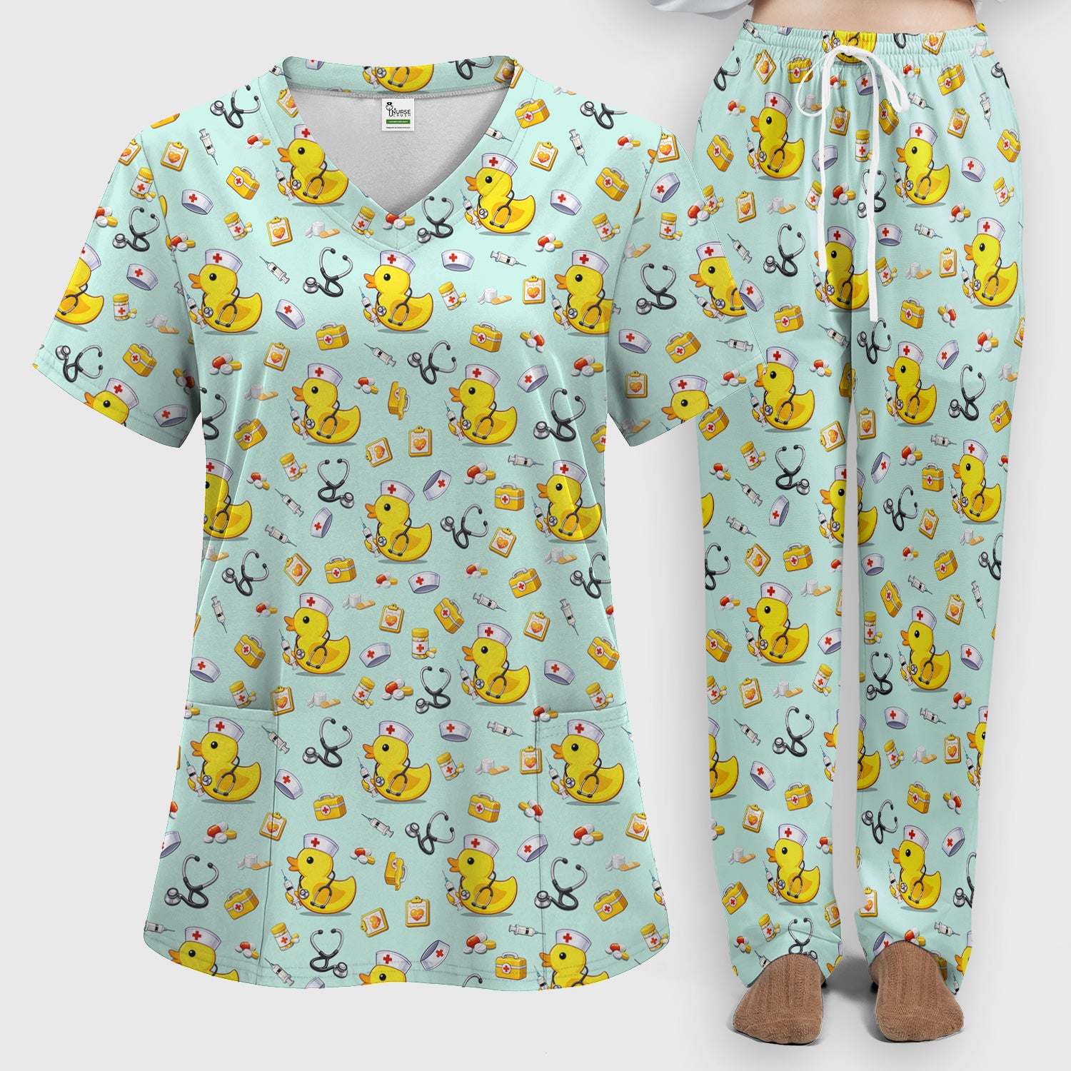 Playful Medical Duck Print Women's Scrub Set, Breathable Med Uniform