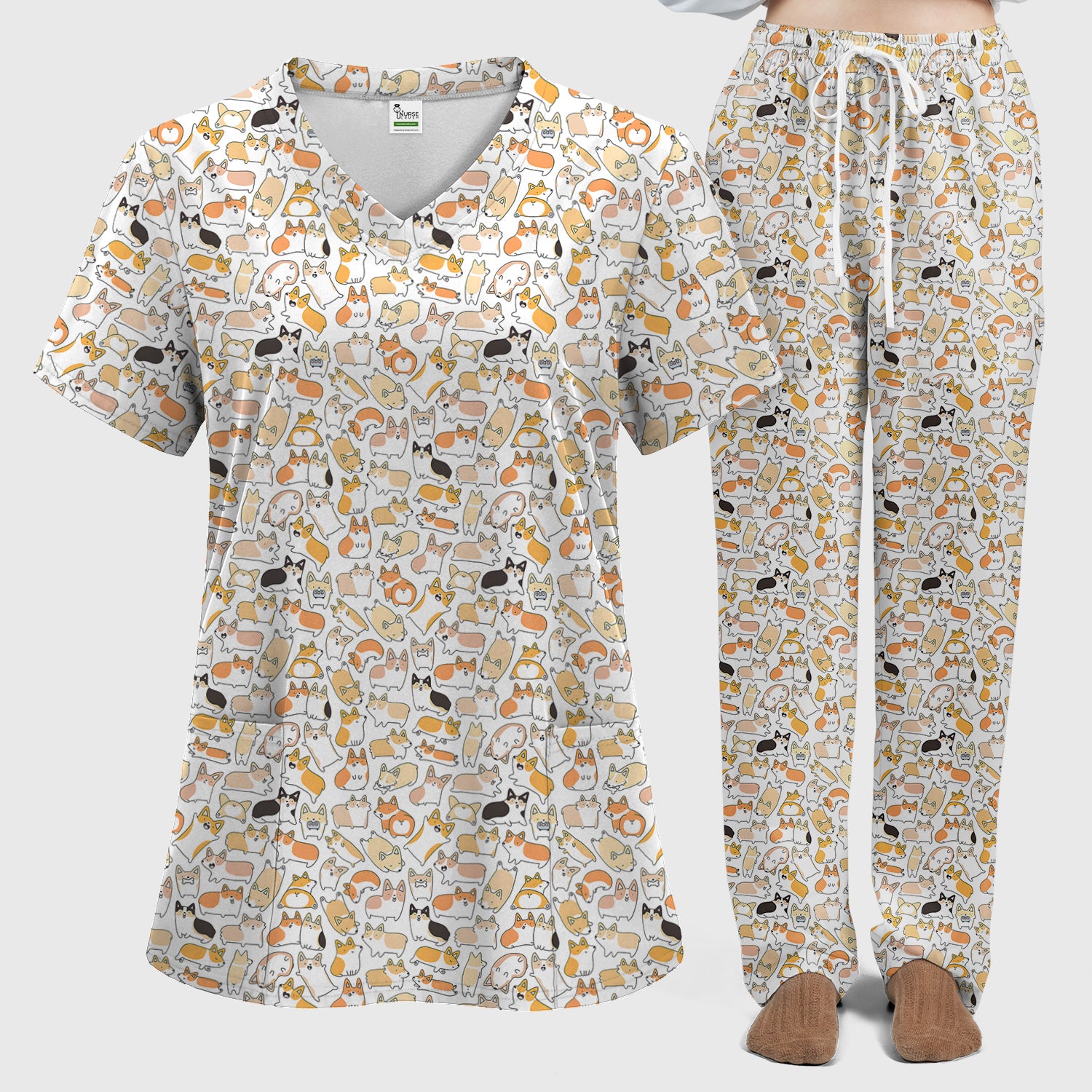 Cute Corgi Dog All Over Print Scrub Set, Scrub Pants and V Neck Top
