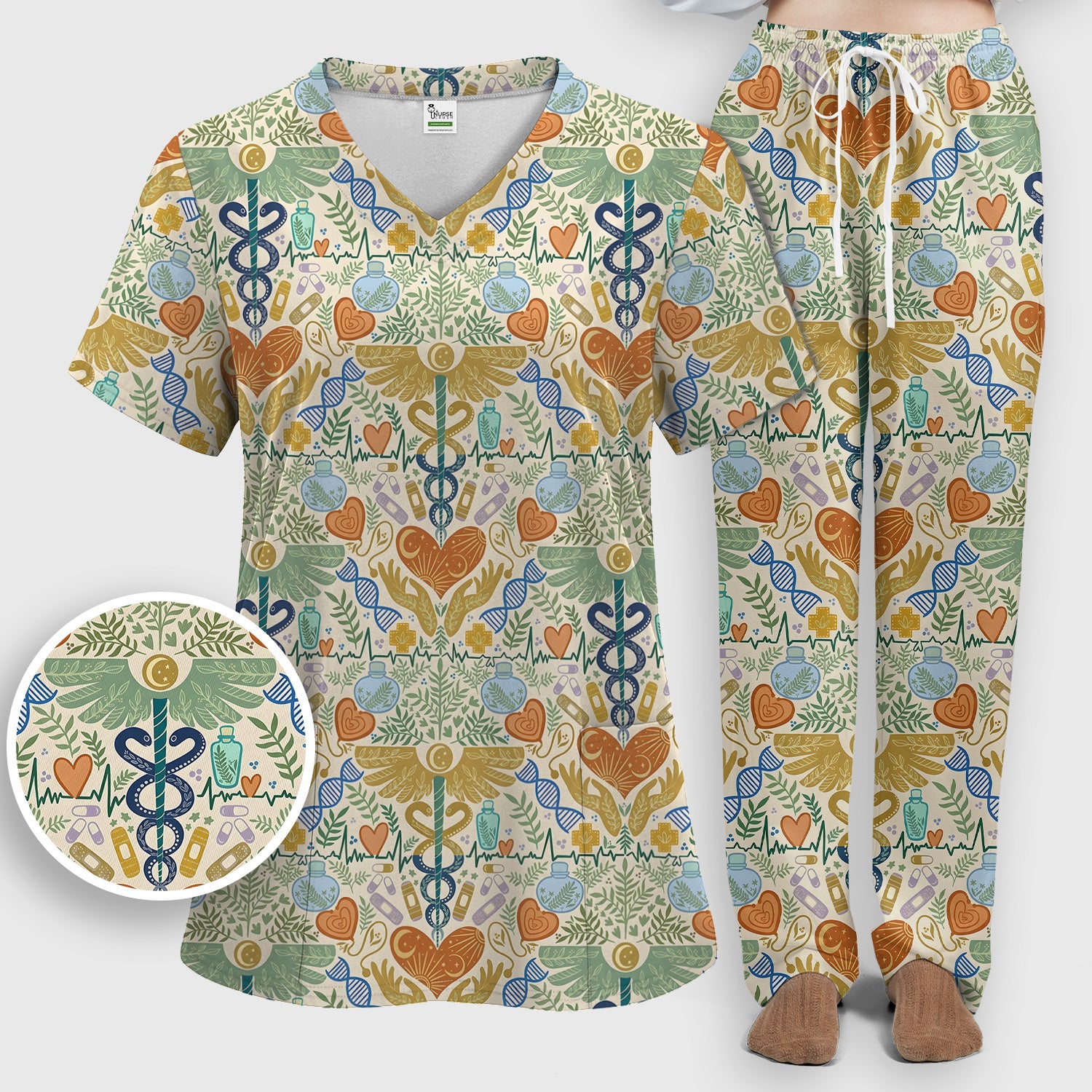 Inspirational Botanical Medical Caduceus Heart Nurse Pattern Scrub Set, Breathable Med Uniform