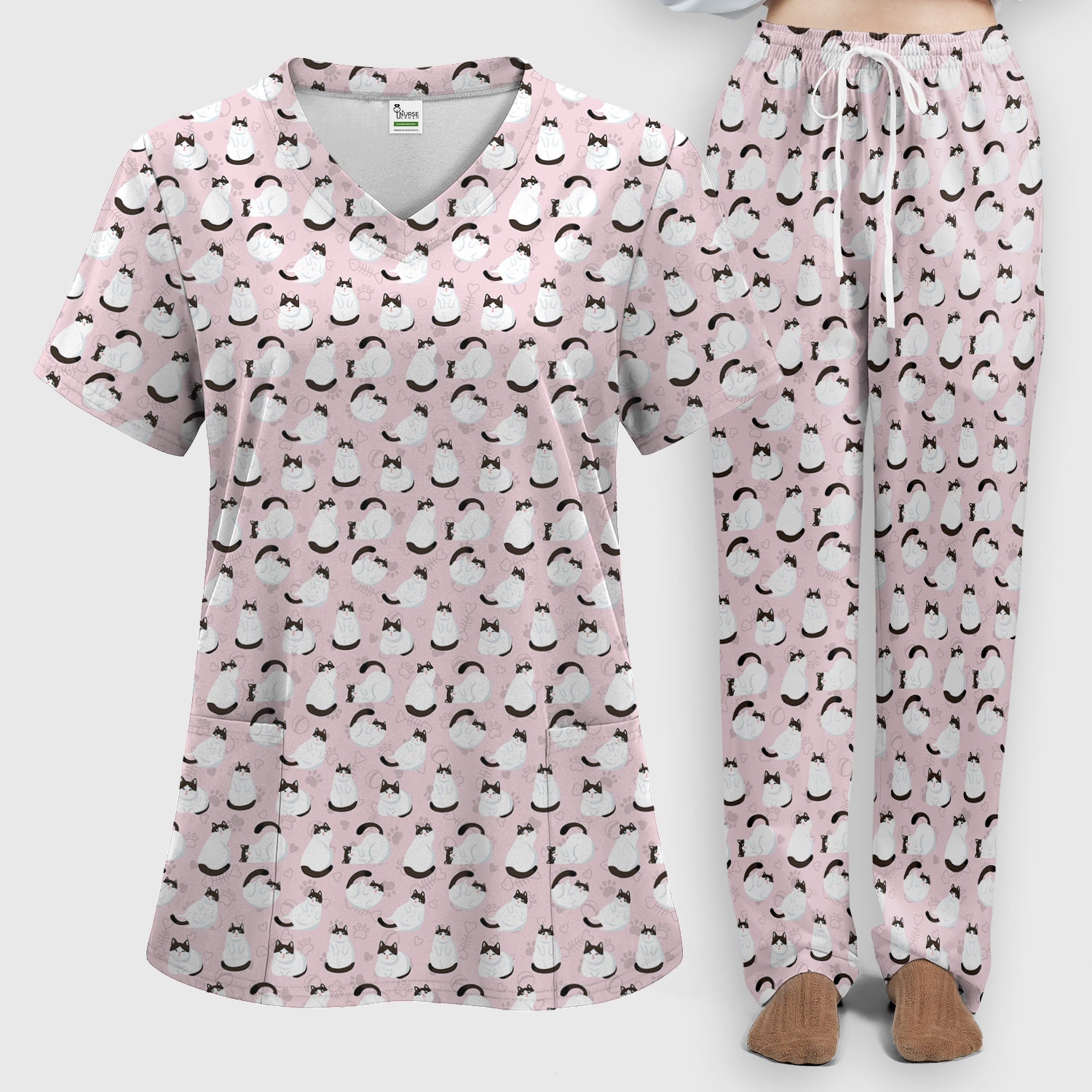 Cute Cat Pattern Medical Scrub Set, Breathable Fabrics Nursing Uniform