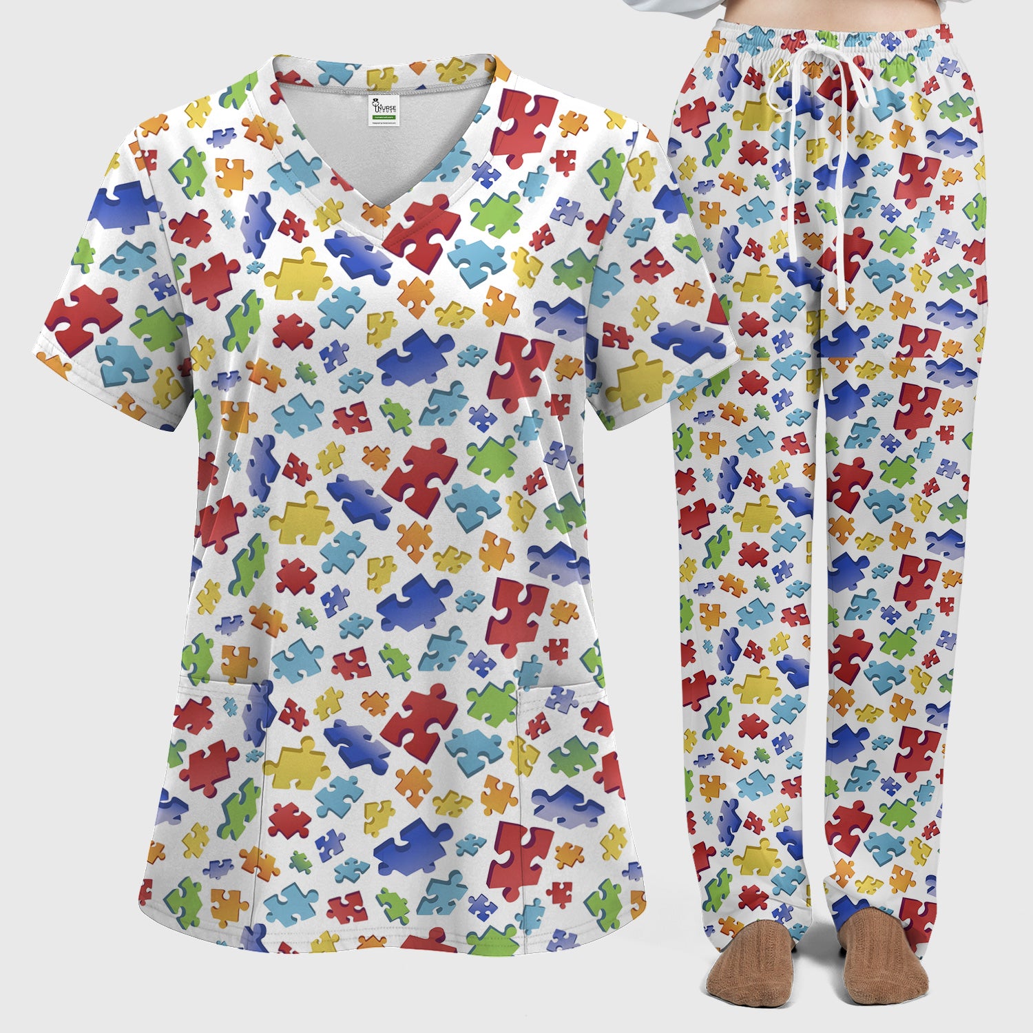 Colorful Scattered Puzzle Piece Pattern Print Scrub Set, Scrub Pants and V Neck Top