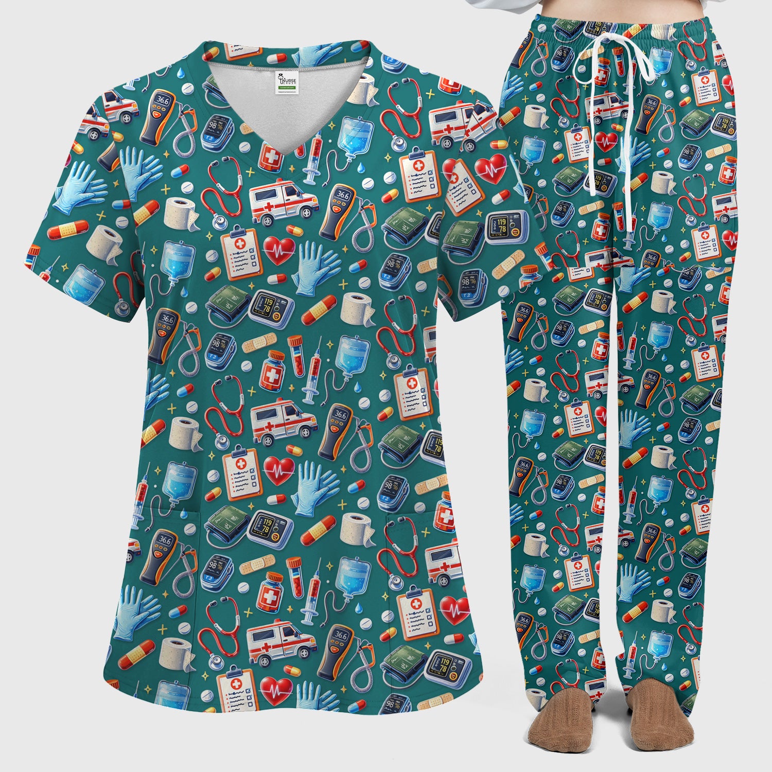 Medical Tools Pattern Ambulance Stethoscope Scrub Set, Scrub Pants and V Neck Top