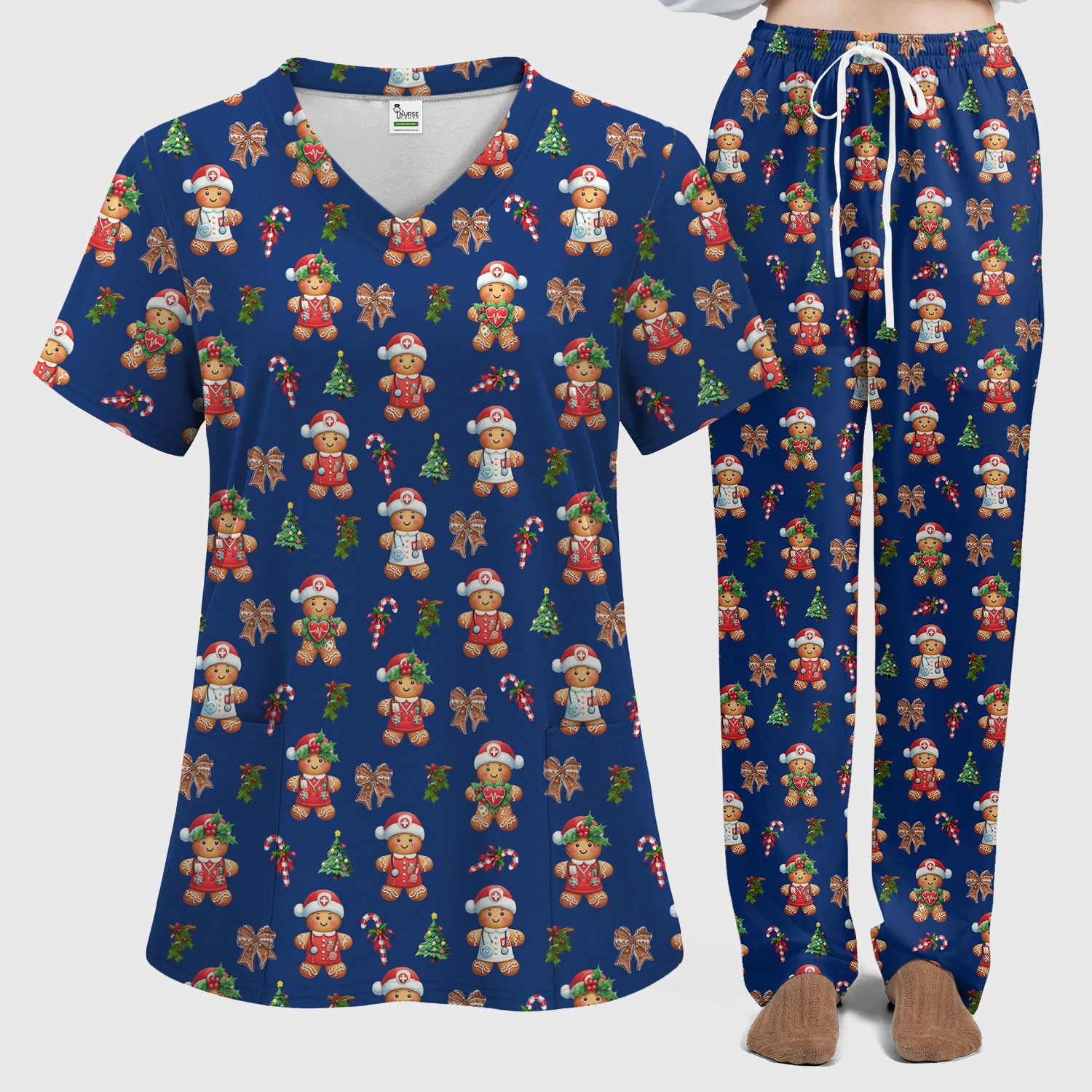 Funny Christmas Scrub Set for Nurse - Adorable Gingerbread Candy Cane Bow- Festive Medical Uniform for Women