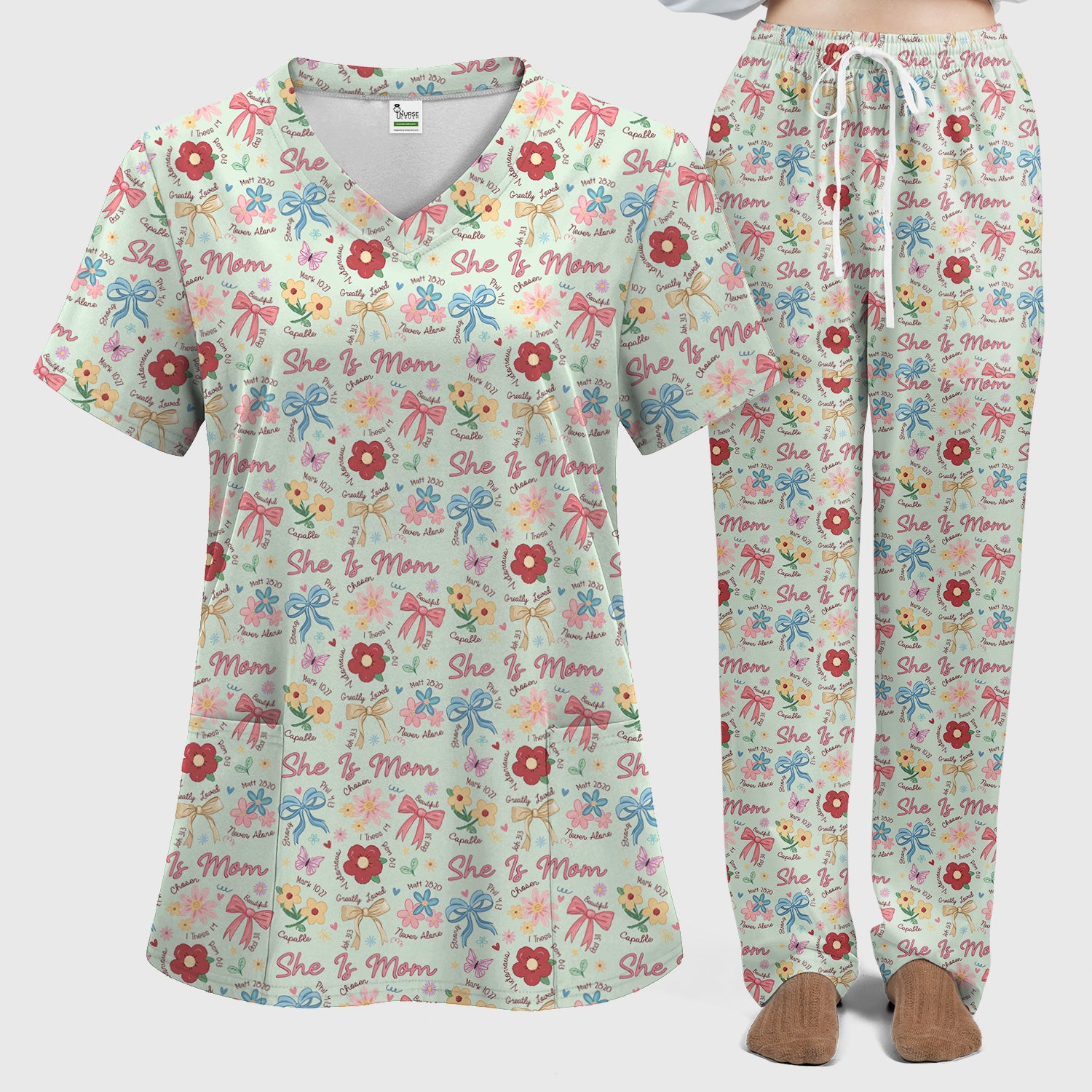 She Is Mom Flower Bow Pattern Scrub Set, Scrub Pants and V Neck Top
