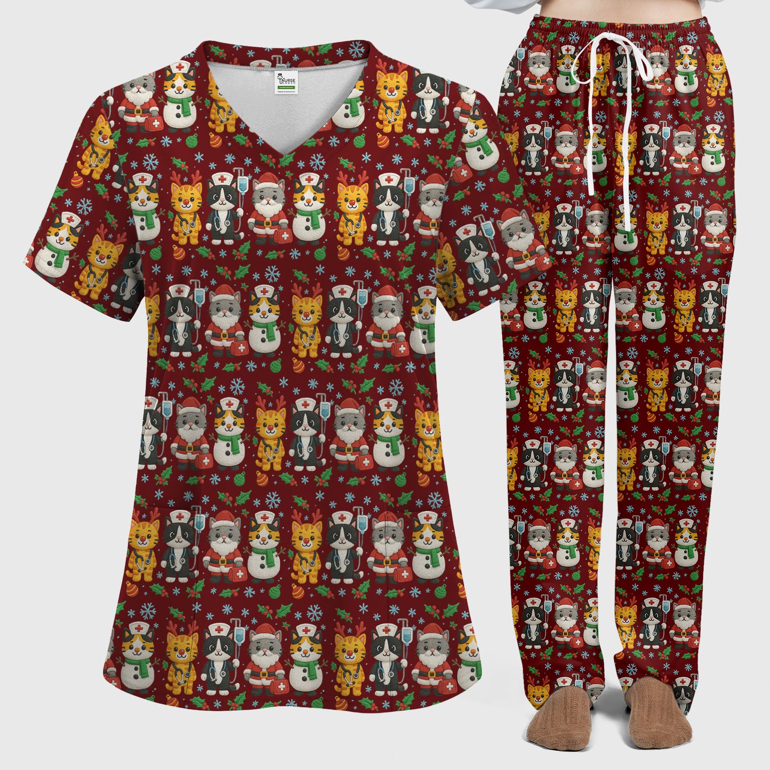 Christmas Cat Nurse Pattern Scrub Set, Cute Holiday Kitty Medical Uniform Shirt For Nursing