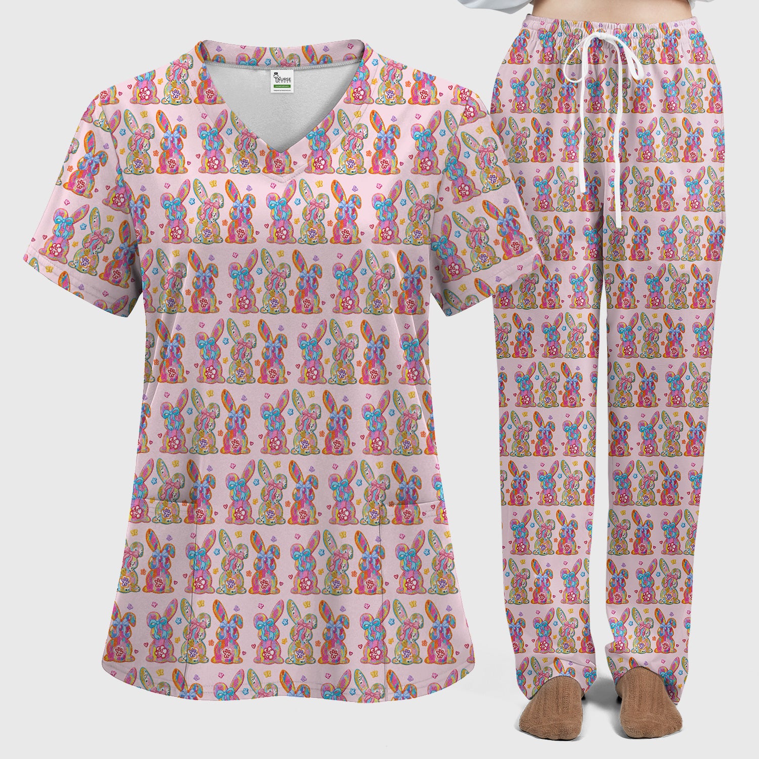 Cute Pastel Bunny Floral Pattern Scrub Set, Breathable Med Uniform