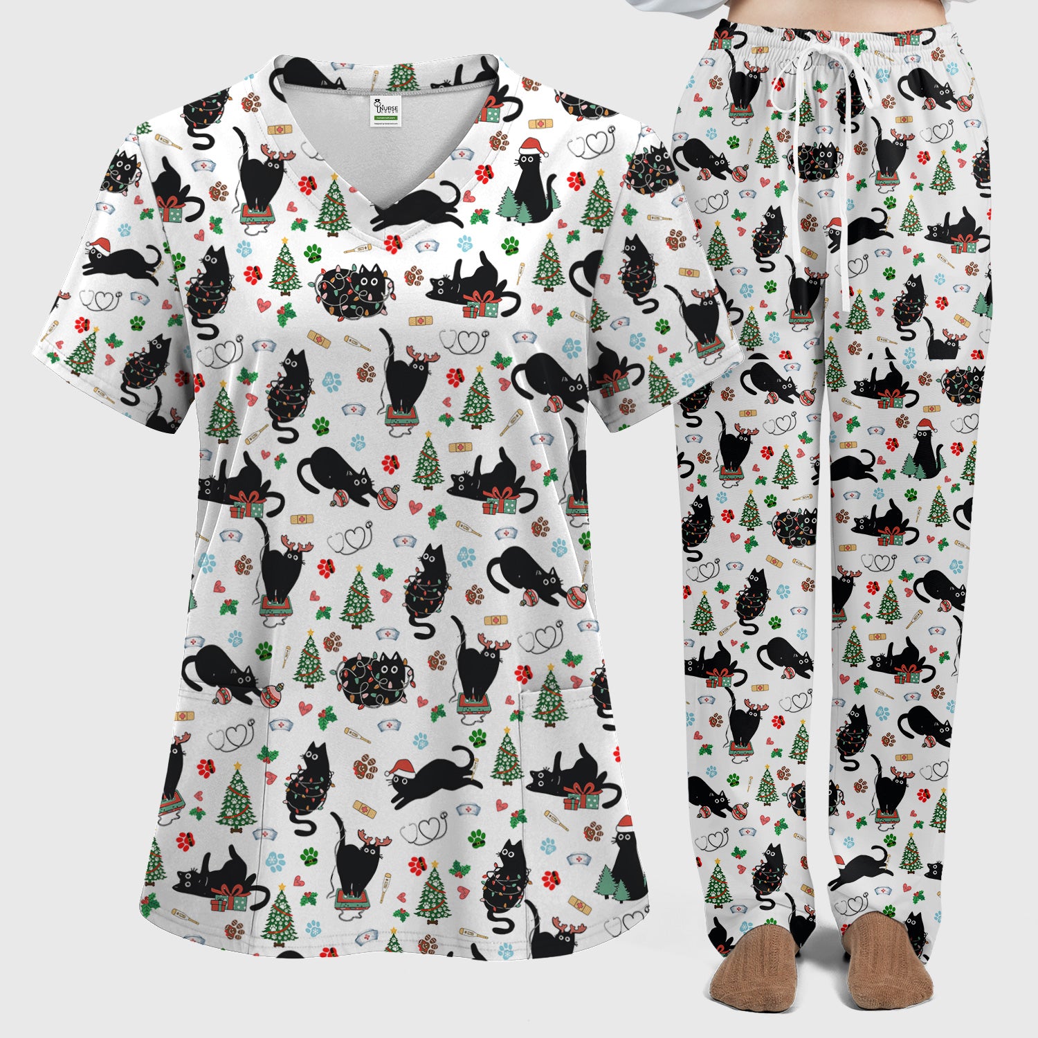 Black Cat Christmas Nurse Scrub Set, Festive Kitty Medical Uniform for Women