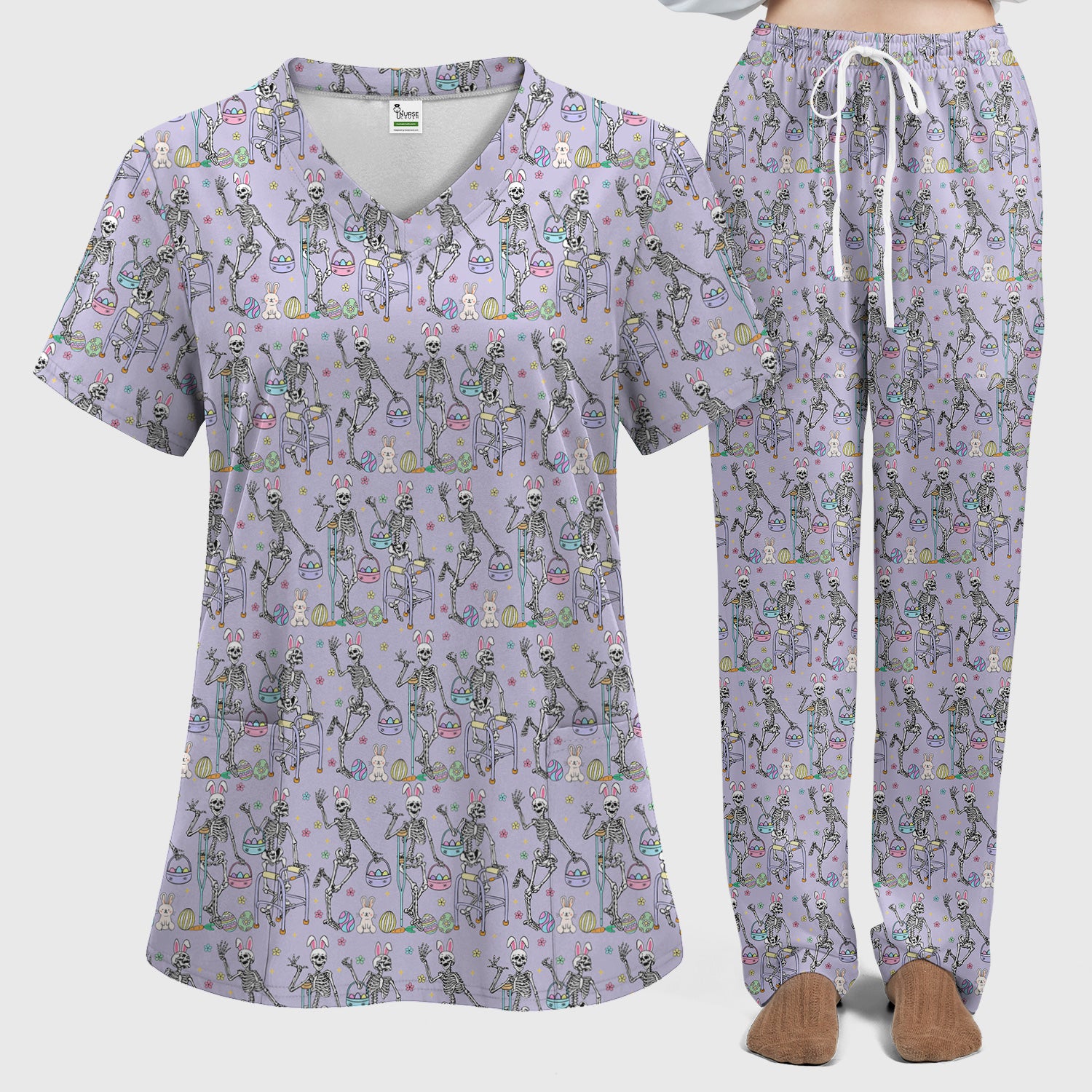 Fun Skeleton Bunny Easter Print Scrub Set, Scrub Pants and V Neck Top