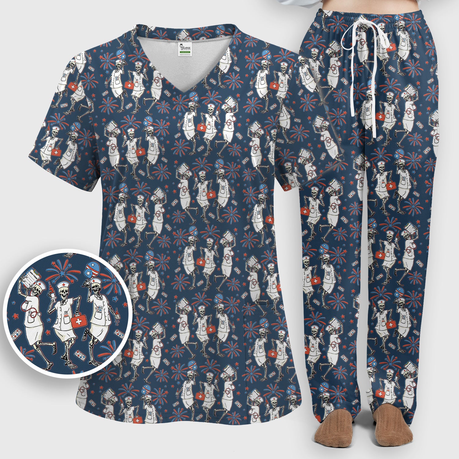 Funny Skeleton Nurse Patriotic Print Scrub Set, Scrub Pants and V Neck Top