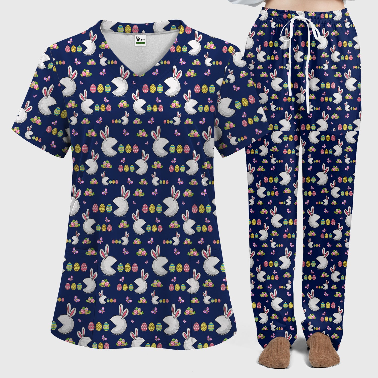 Easter Bunny and Colorful Eggs Print Scrub Set, Breathable Med Uniform