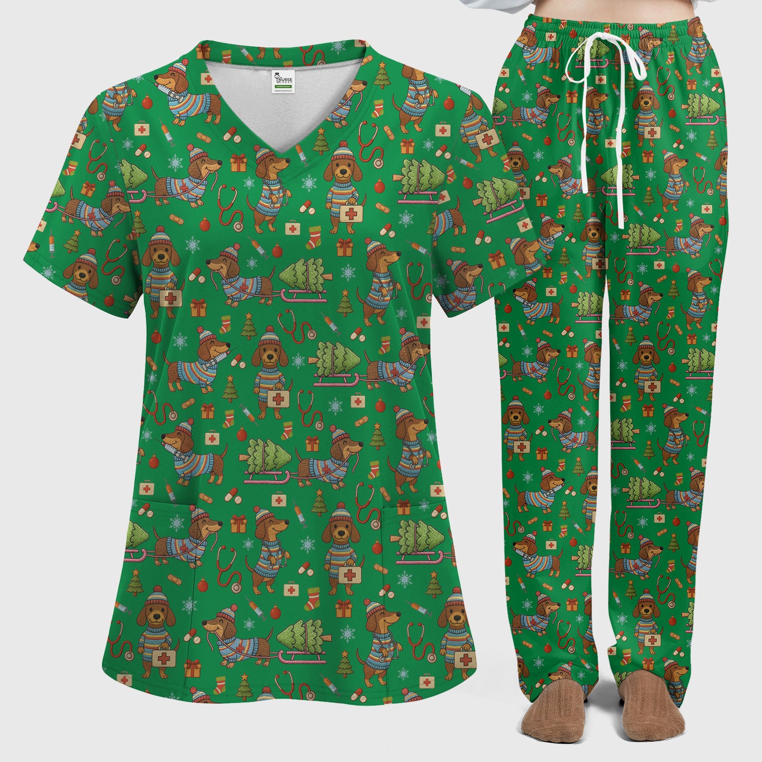 Dachshund Dog Scrub Set For Nurse, Funny Wiener Dog Lover Gift, Cute Dog 3D Knit Pattern Shirt