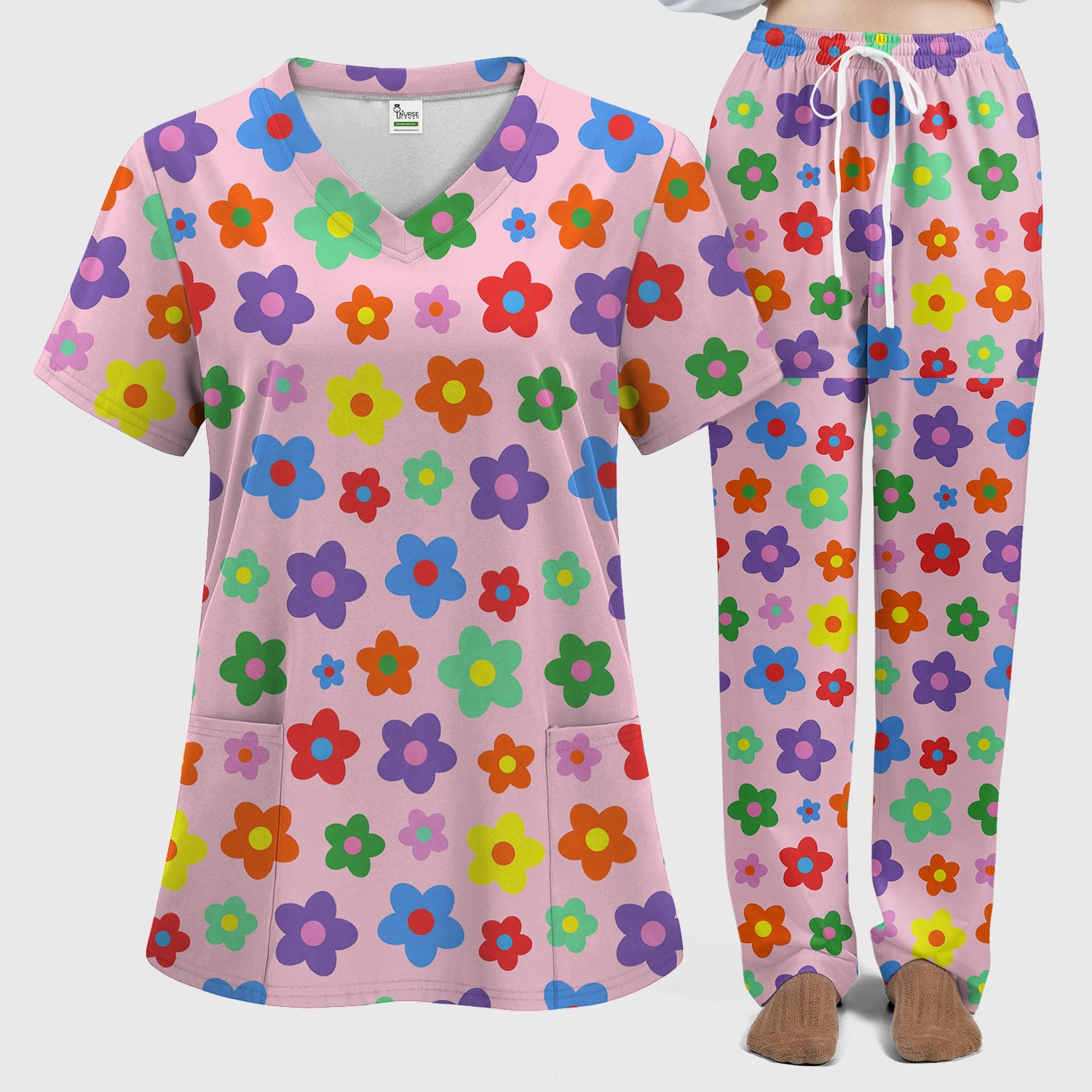 Colorful Retro Flower Pattern Print Scrub Set, Scrub Pants and V Neck Top