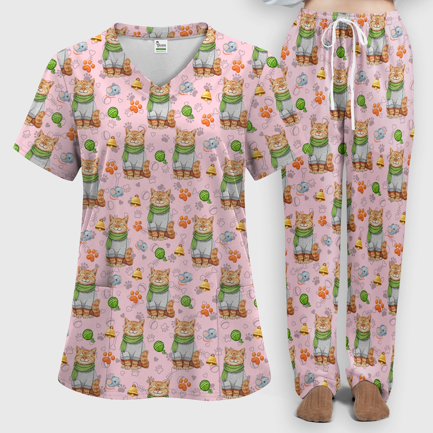 Adorable Cat Lover Nurse Scrub Set, Cute Cat Medical Pattern Shirt, Breathable Fabrics Nursing Uniform