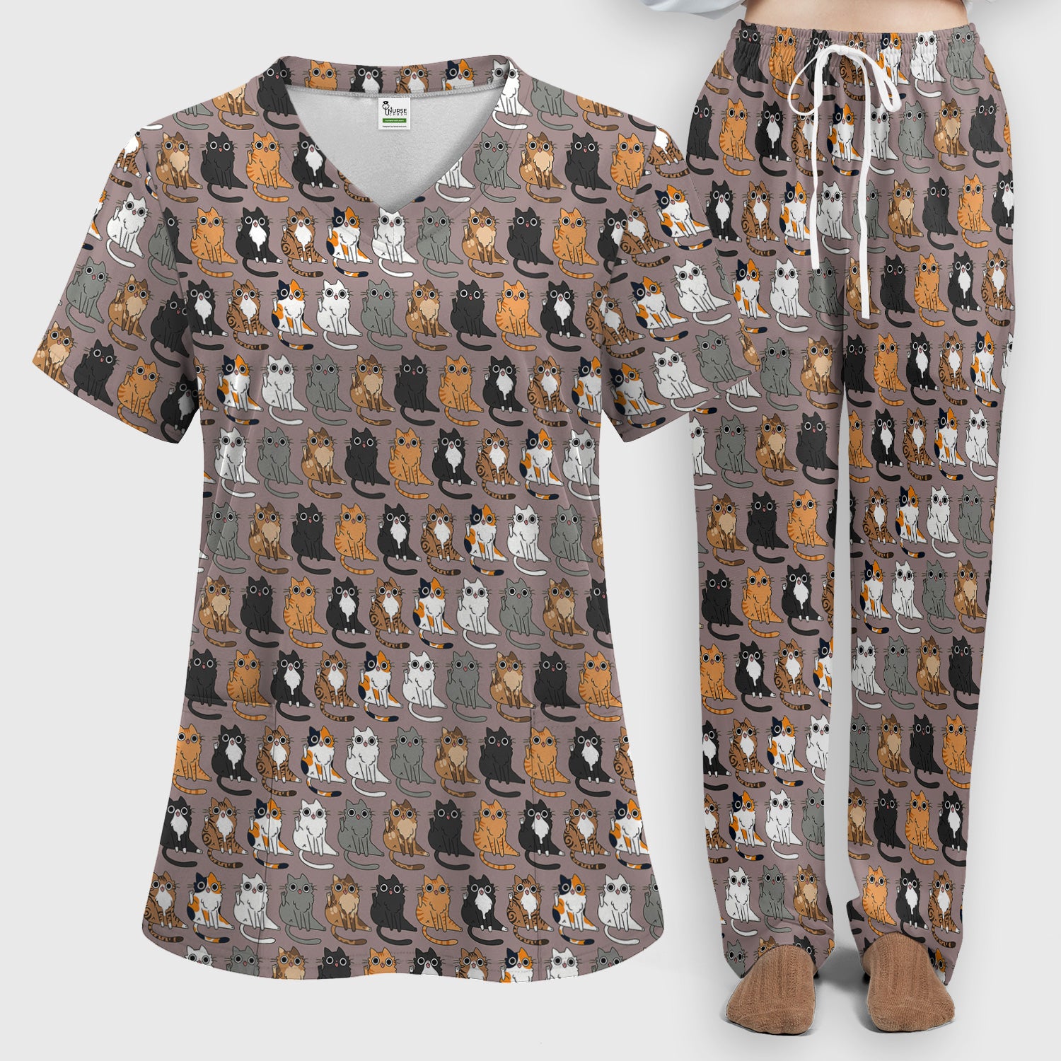 Cute Cartoon Cat Pattern Women's Scrub Set, Scrub Pants and V Neck Top