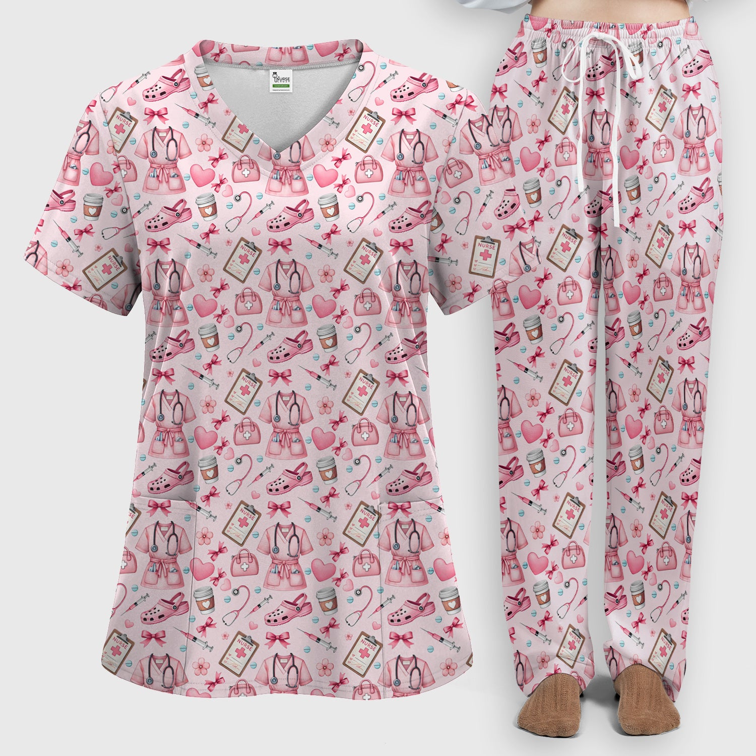 Valentine Pink Nurse Icons Print Women's Scrub Set, Breathable Med Uniform