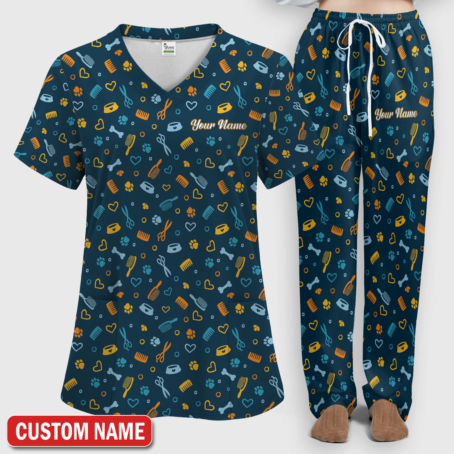 Custom Name Dog Cat Grooming Pattern Scrub Set, Scrub Pants and V Neck Top