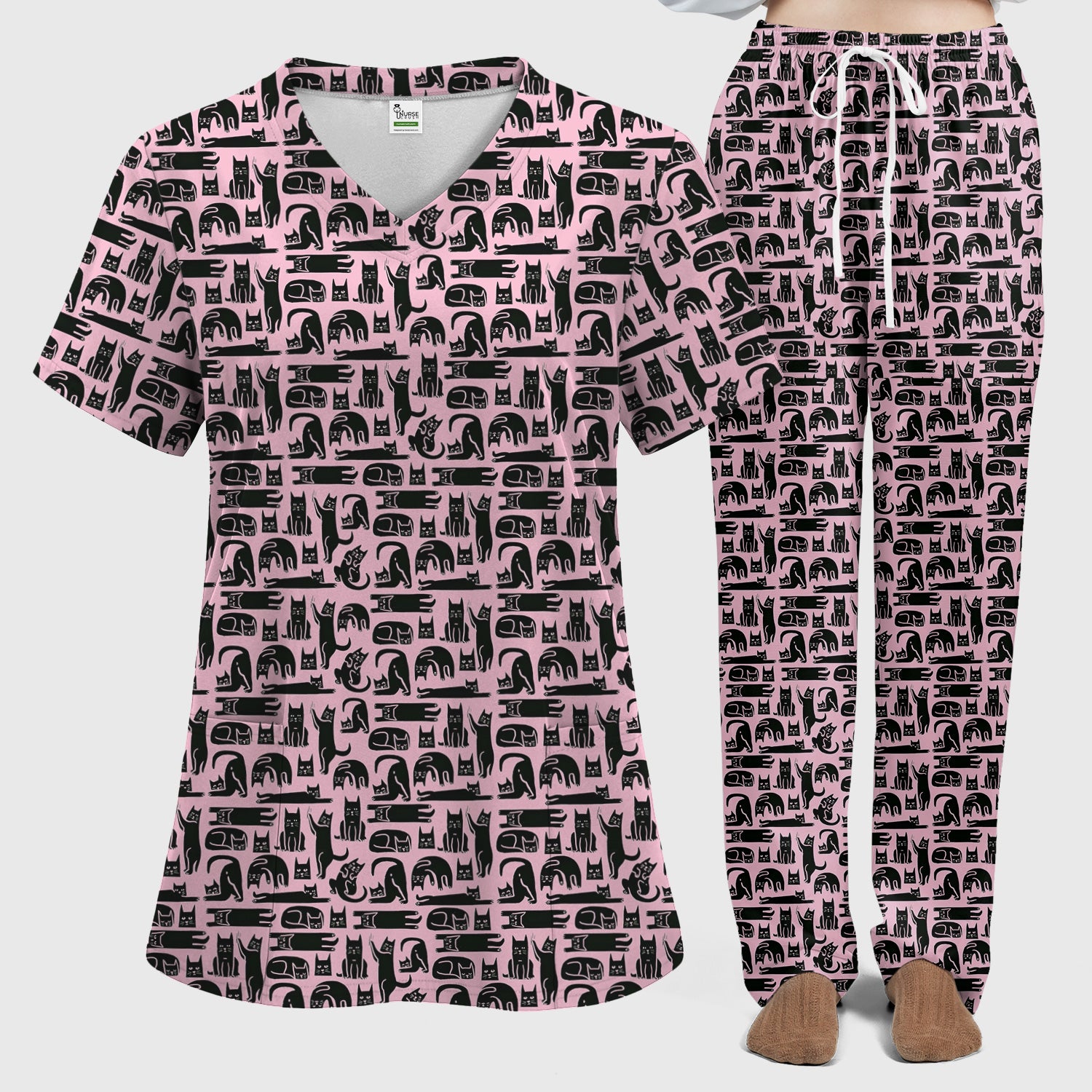 Cute Funny Cat Poses Print Scrub Sets, Scrub Pants and V Neck Top