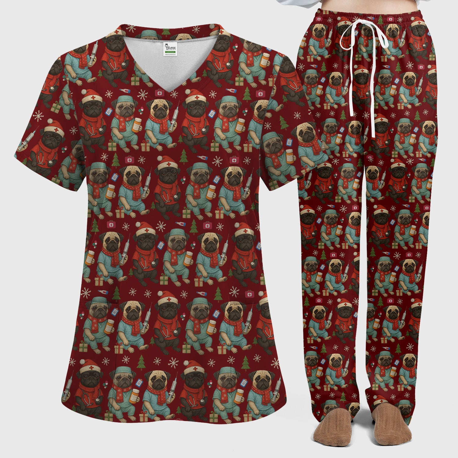Christmas Pug Nurse Scrub Set, Cute Holiday Dog Medical Uniform Shirt For Nursing