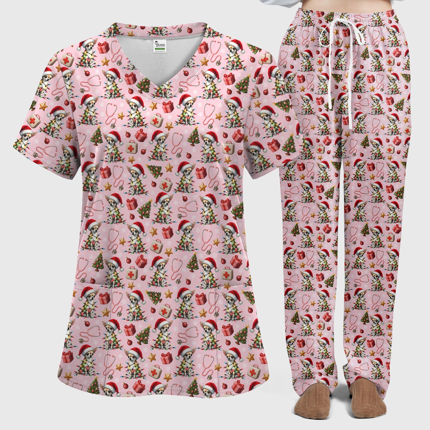 Funny Chihuahua Nurse Scrub Set, Christmas Dog Pattern Scrub With Top And Pants, Holiday Scrubs for RN, LPN, CNA, Vet Tech Gift