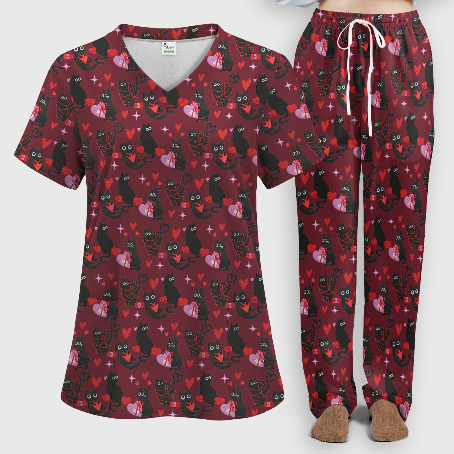 Valentine’s Day Scrub Set, Cute Black Cat With Heart Pattern Nurse Shirt, Breathable Fabrics Nursing Uniform