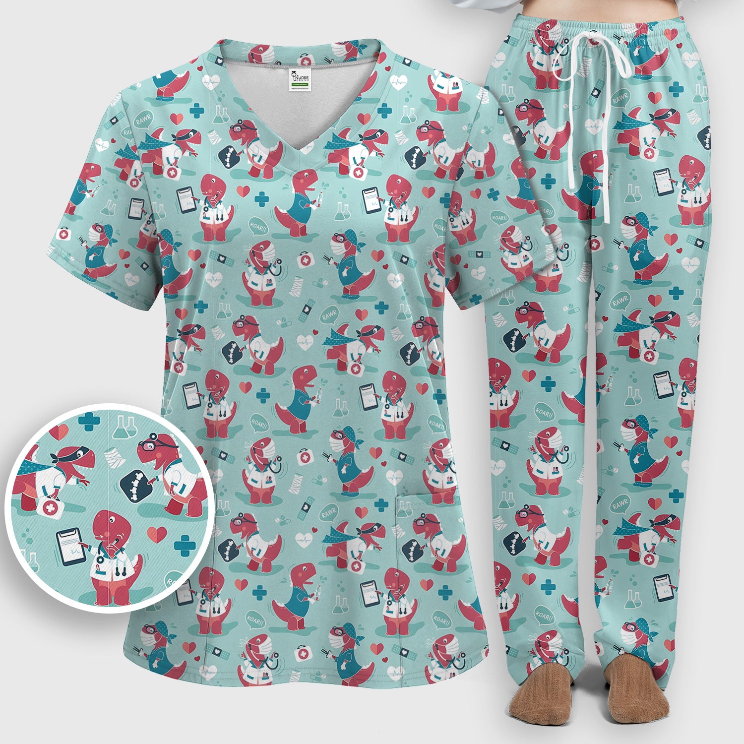 Cute Dinosaur Doctor Medical Pattern Scrub Set, Women's Scrub Sets