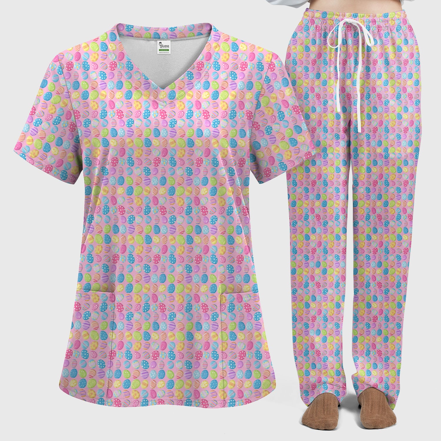 Colorful Easter Eggs Pattern Scrub Set, Scrub Pants and V Neck Top