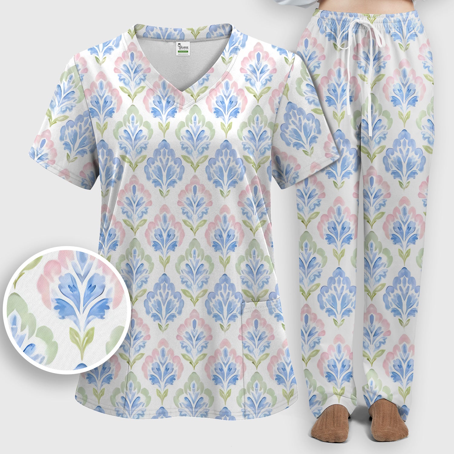 Blue Floral Damask Pattern Scrub Set, Women's Scrub Sets