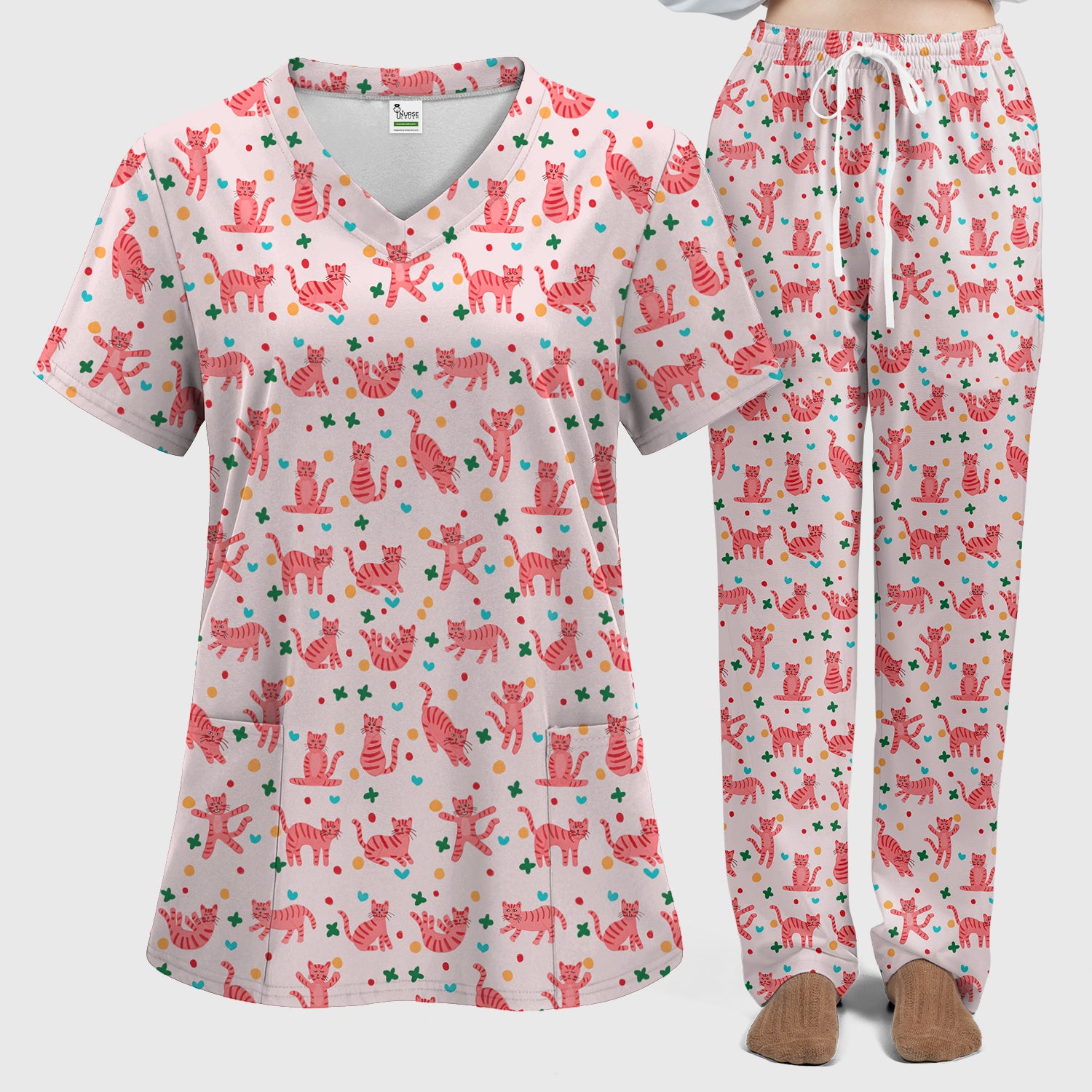 Cute Pink Cat Pattern Women's Scrub Sets, Scrub Pants and V Neck Top