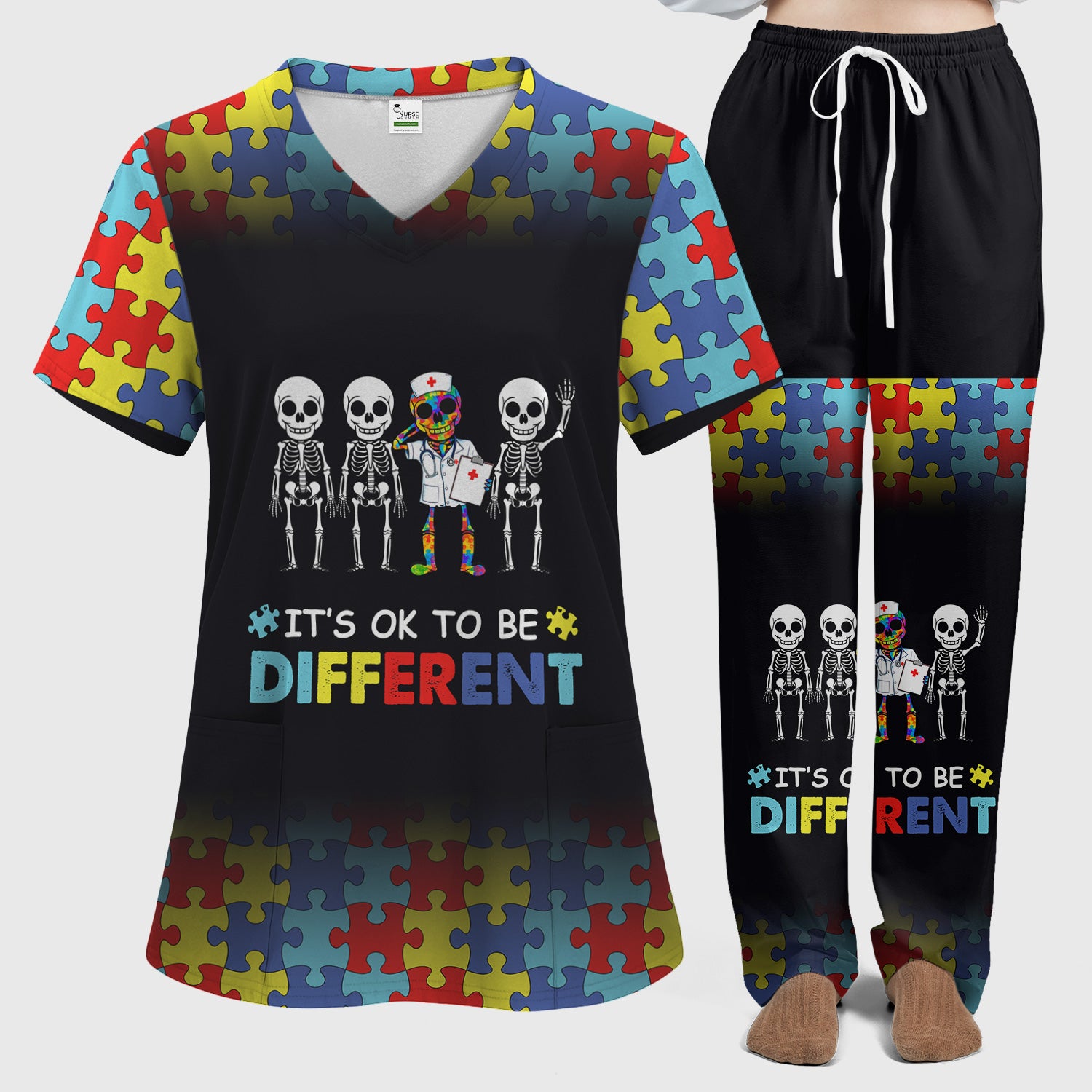 Autism Puzzle Skeleton Nurse It's OK to Be Different Scrub, Women's Scrub Sets