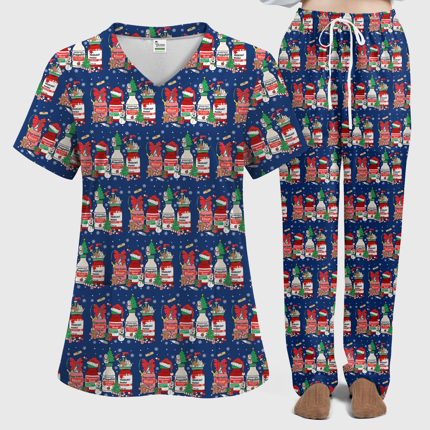 Funny Christmas Medication Scrub Set – Festive Holiday Pharma Bottles Pattern – Playful Medical Uniform for Nurses, Pharmacists & Healthcare Workers