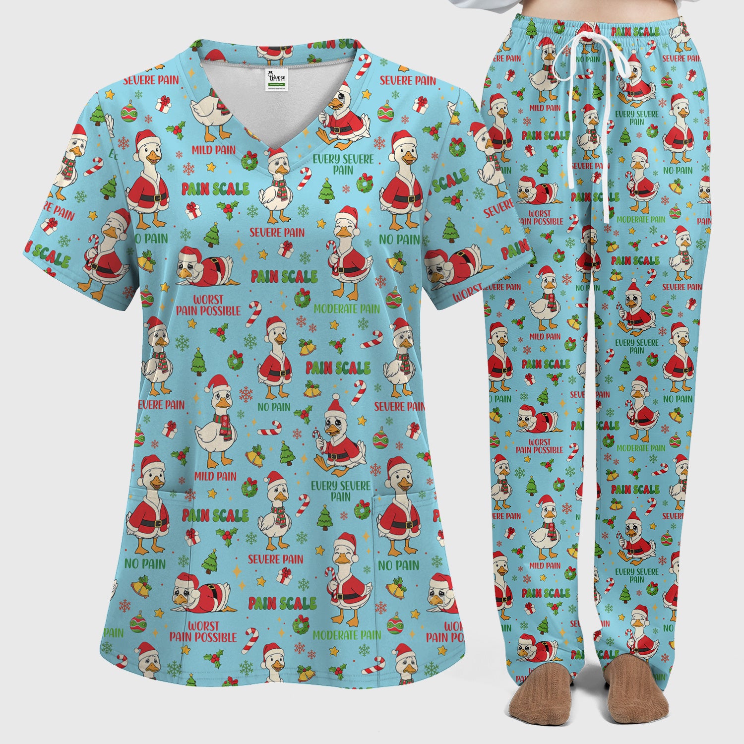Christmas Nurse Scrub Set - Funny Goose Pain Scale Pants and V Neck Top - Cute Holiday Medical Uniform for RN LPN CNA