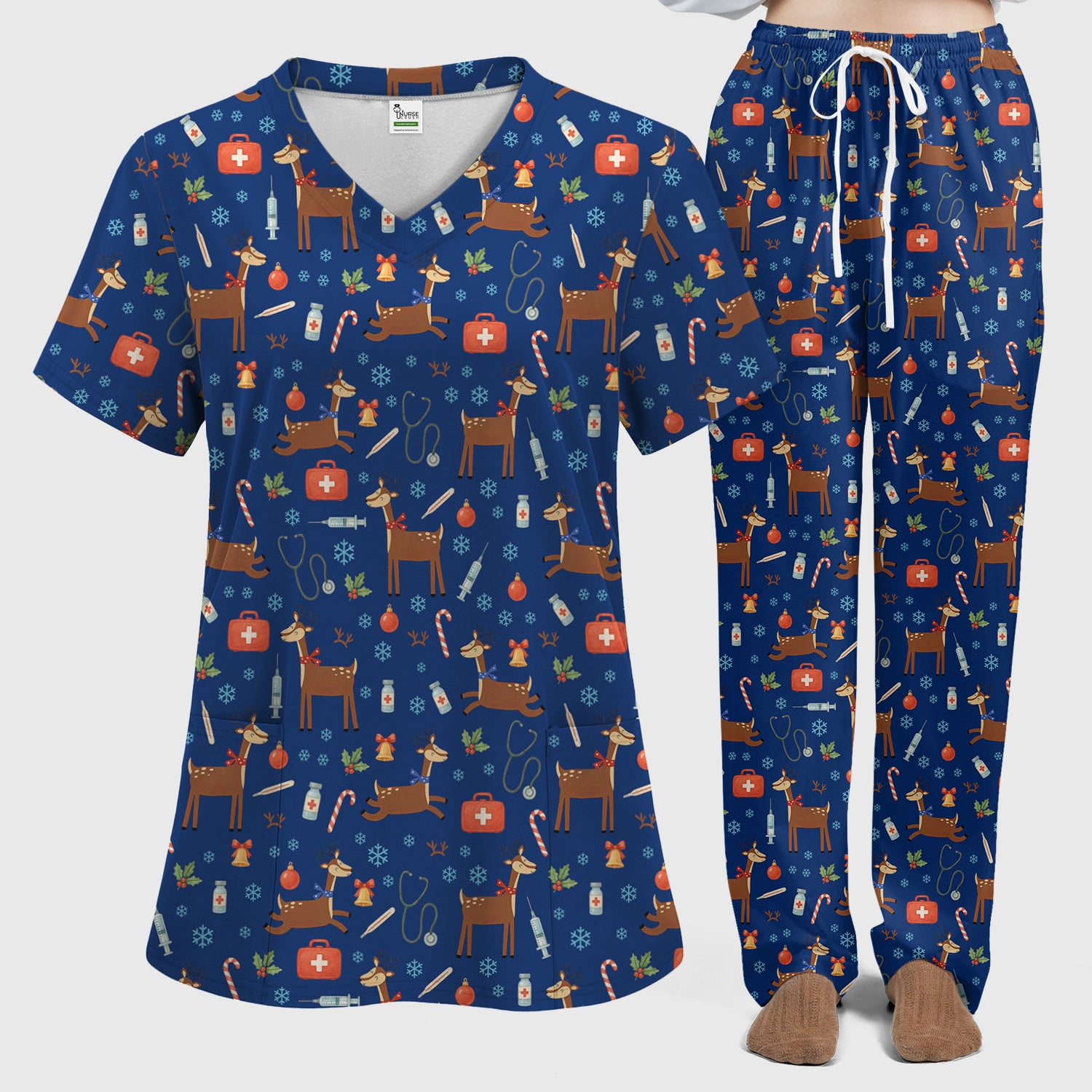 Christmas Reindeer Scrub Set for Nurses - Cute Reindeers Snowflakes Candy Canes - Comfortable Med Uniform
