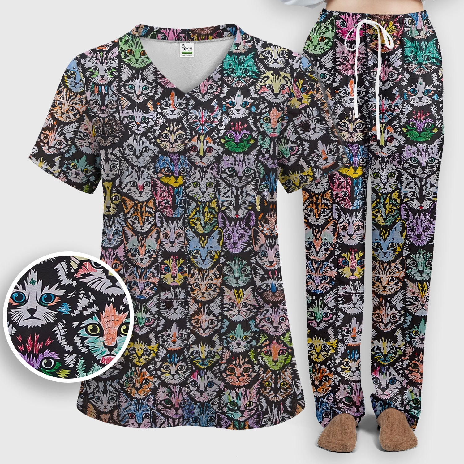 Colorful Cat Faces Pattern Scrub Set, Artistic Kitty Portrait Print, Scrub Pants and V Neck Top