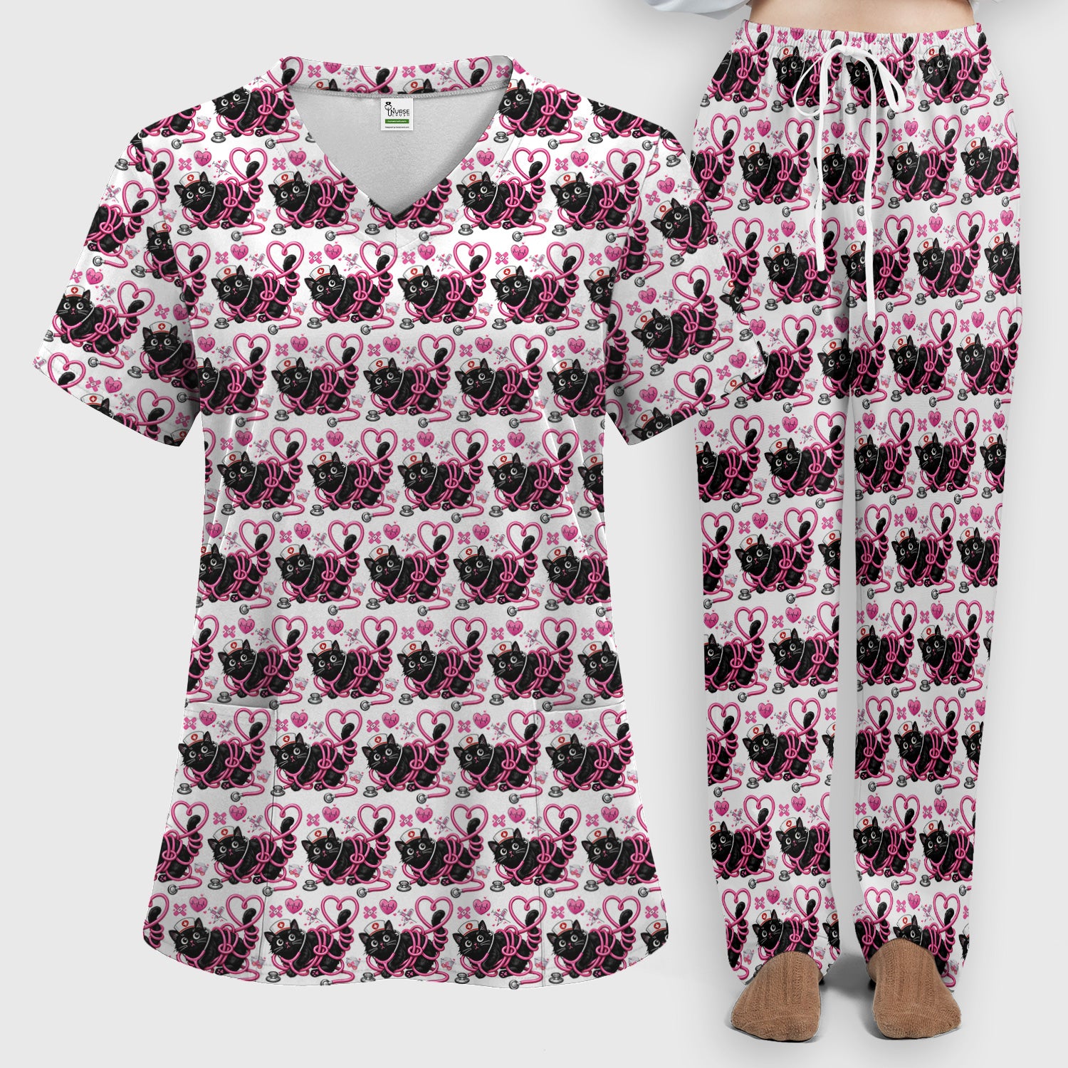 Valentine Cute Cat Nurse Heart Print Women's Scrub Set, Breathable Med Uniform