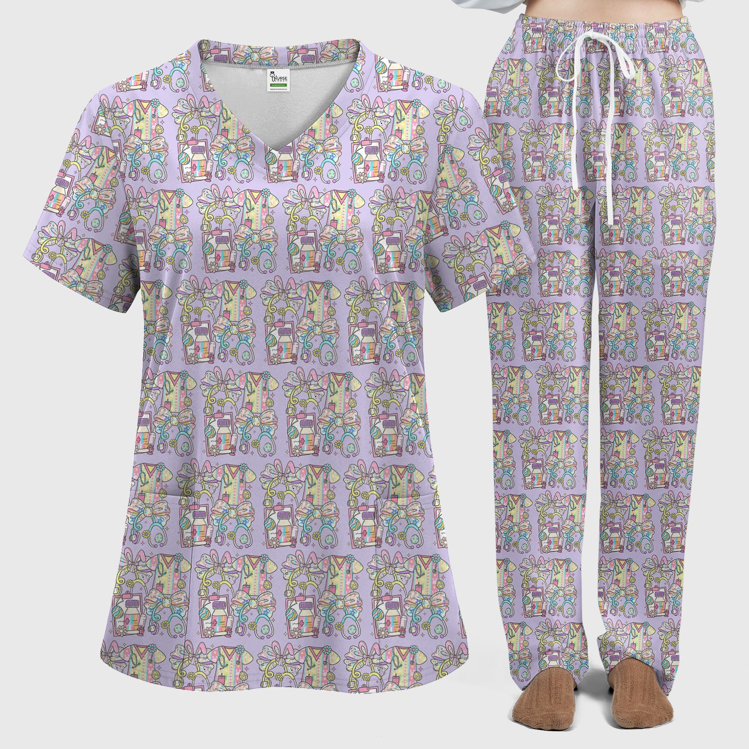 Colorful Nurse Scrub Supplies Pattern Scrub Set, Scrub Pants and V Neck Top