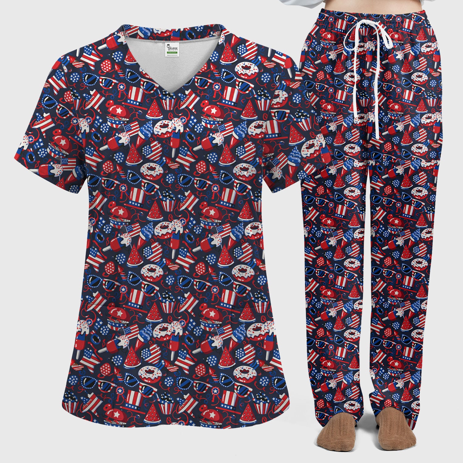 Cute Patriotic Print V Neck Scrub Set for Healthcare Workers, Red Blue Uniform