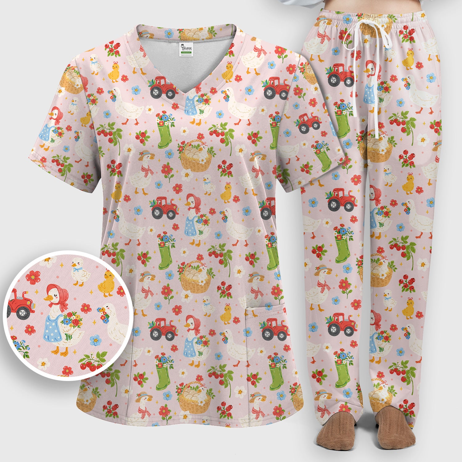 Farm Duck Chicken Tractor Flower Basket Scrub Top, Breathable Fabrics Nursing Uniform