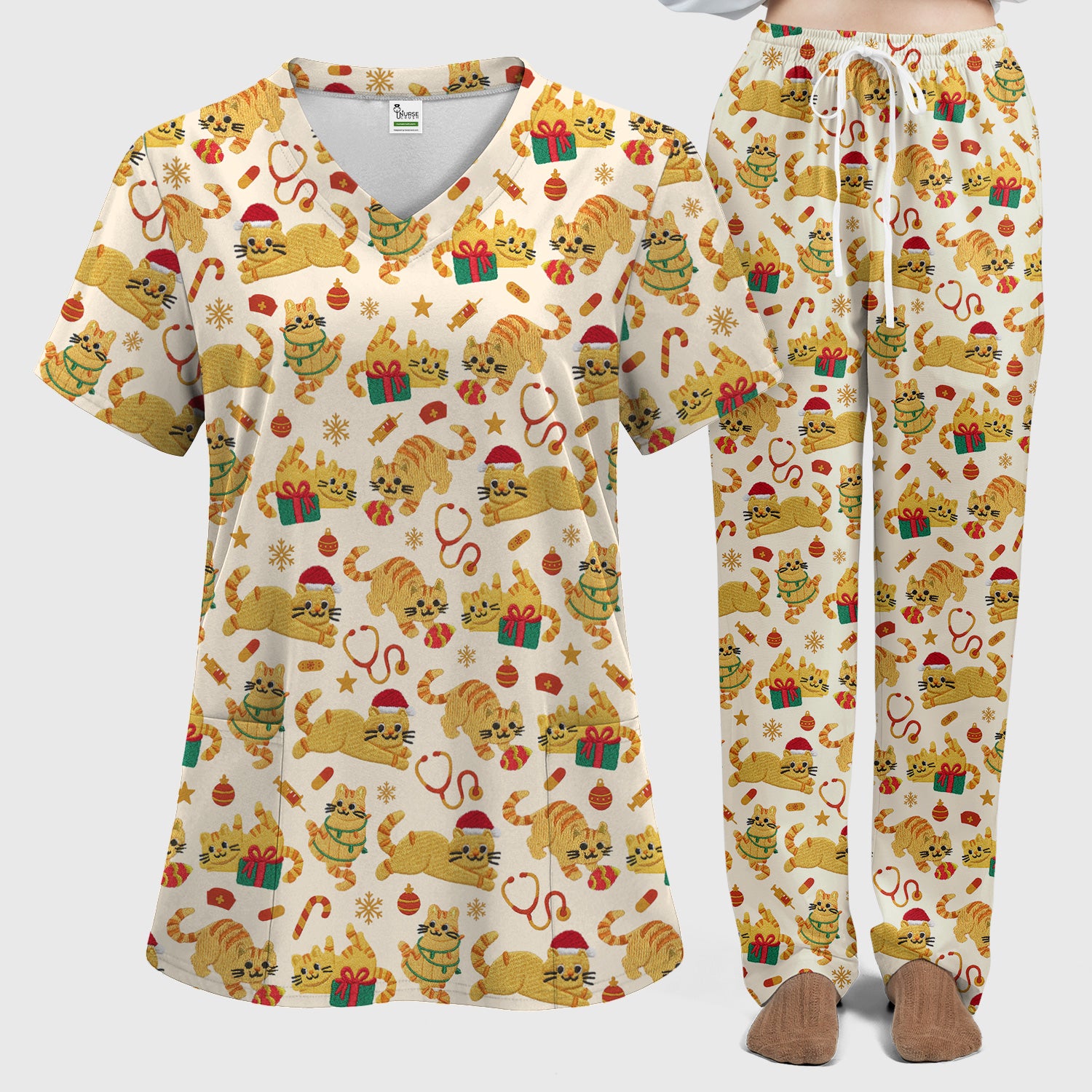 Christmas Cat Nurse Scrub Set, Cute Holiday Kitty Medical Uniform For Nursing