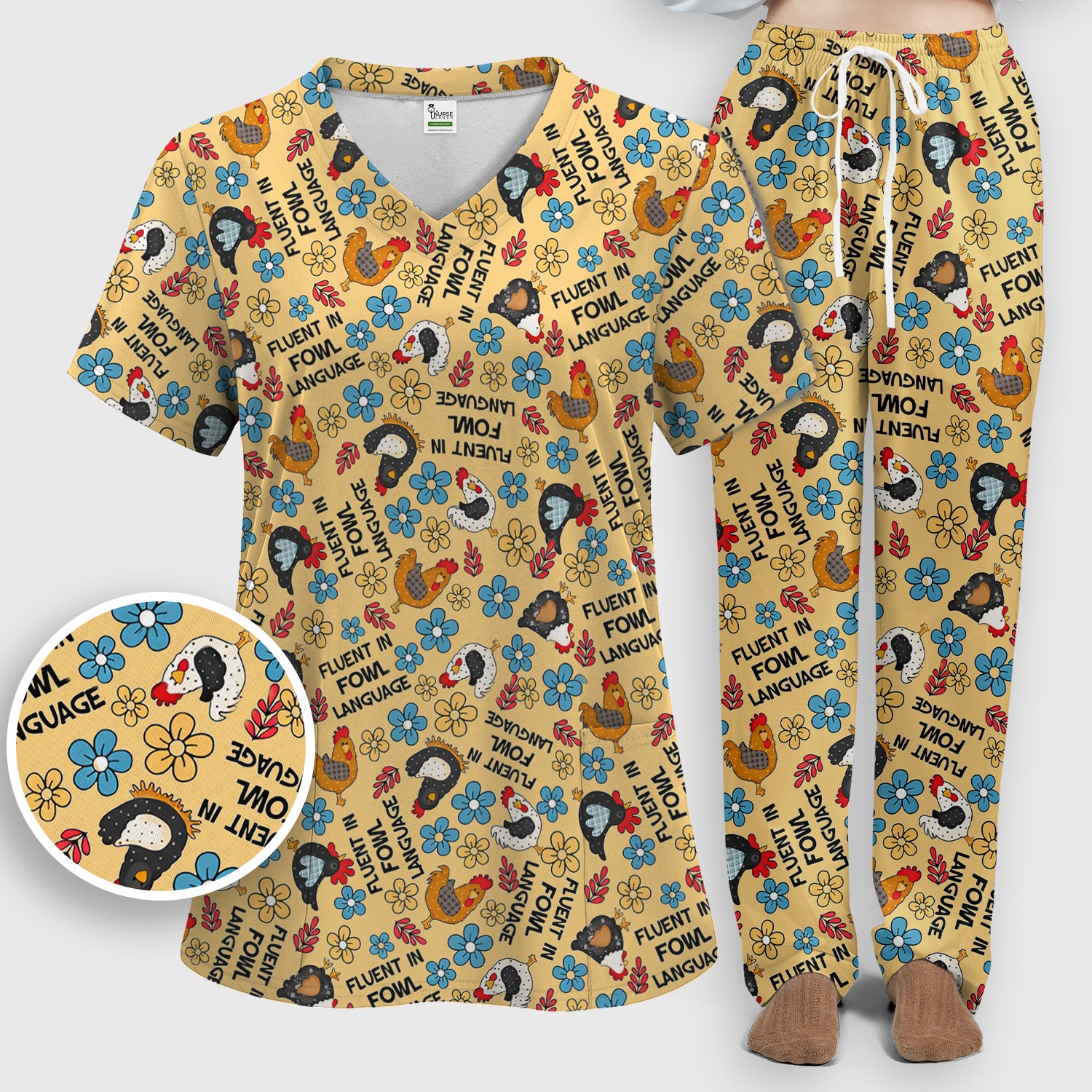 Funny Chicken Fluent in Fowl Language Pattern Scrub Set, Scrub Pants and V Neck Top