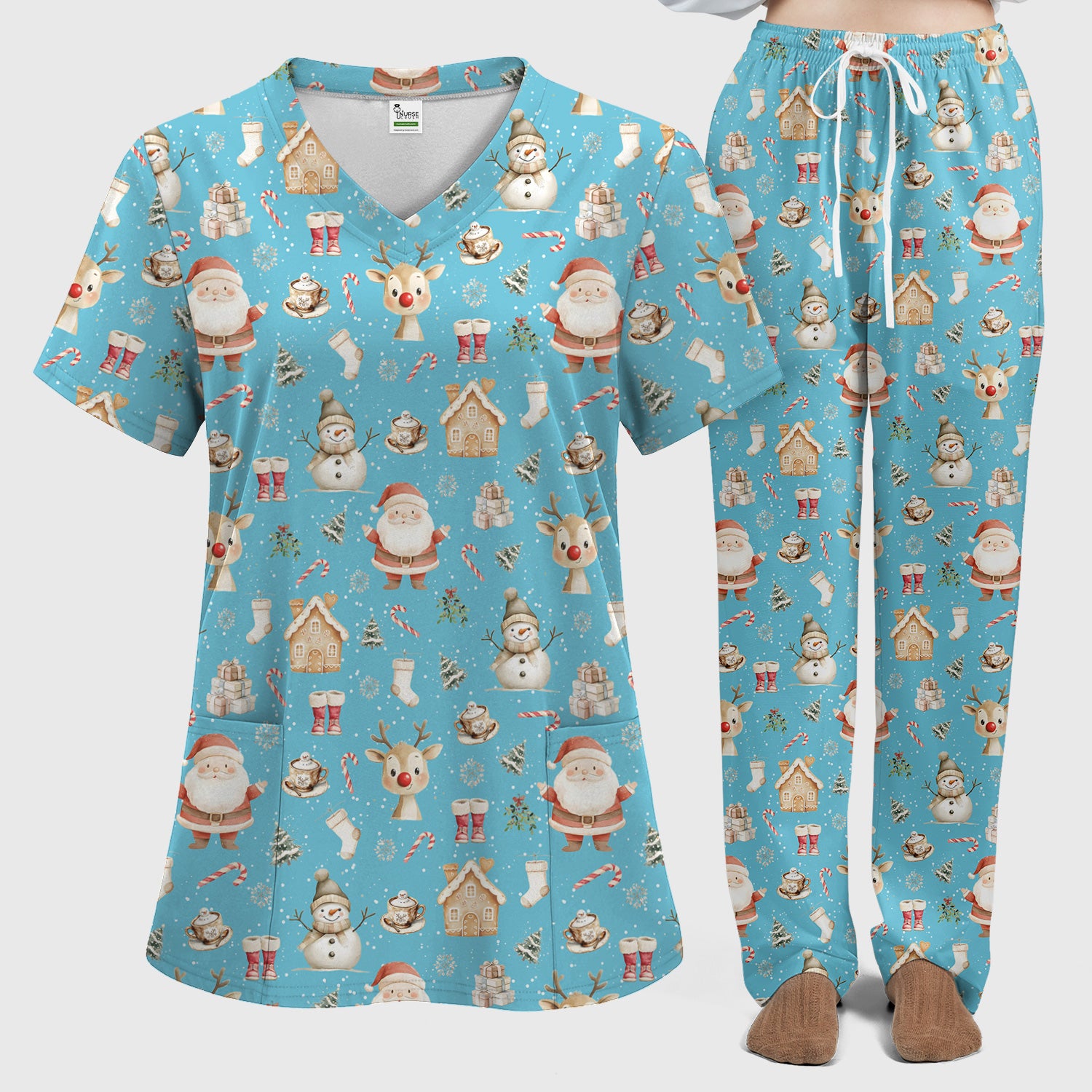 Christmas Santa Pattern  Scrub Top – Cute Medical Uniform for Nurses - Breathable Fabrics Nursing Uniform