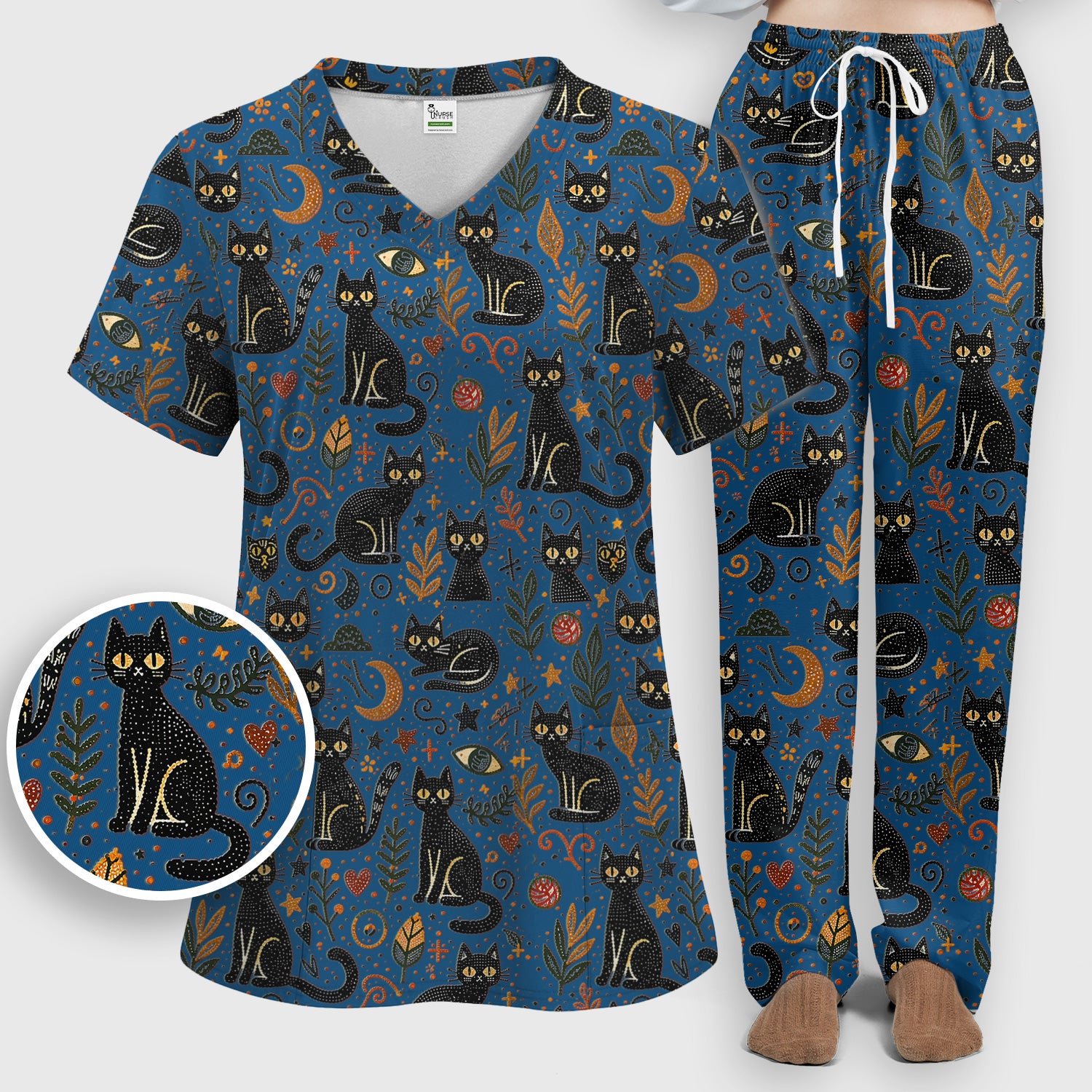 Mystic Black Cat Celestial Doodle Pattern Scrub Set, Scrub Pants and V Neck Top