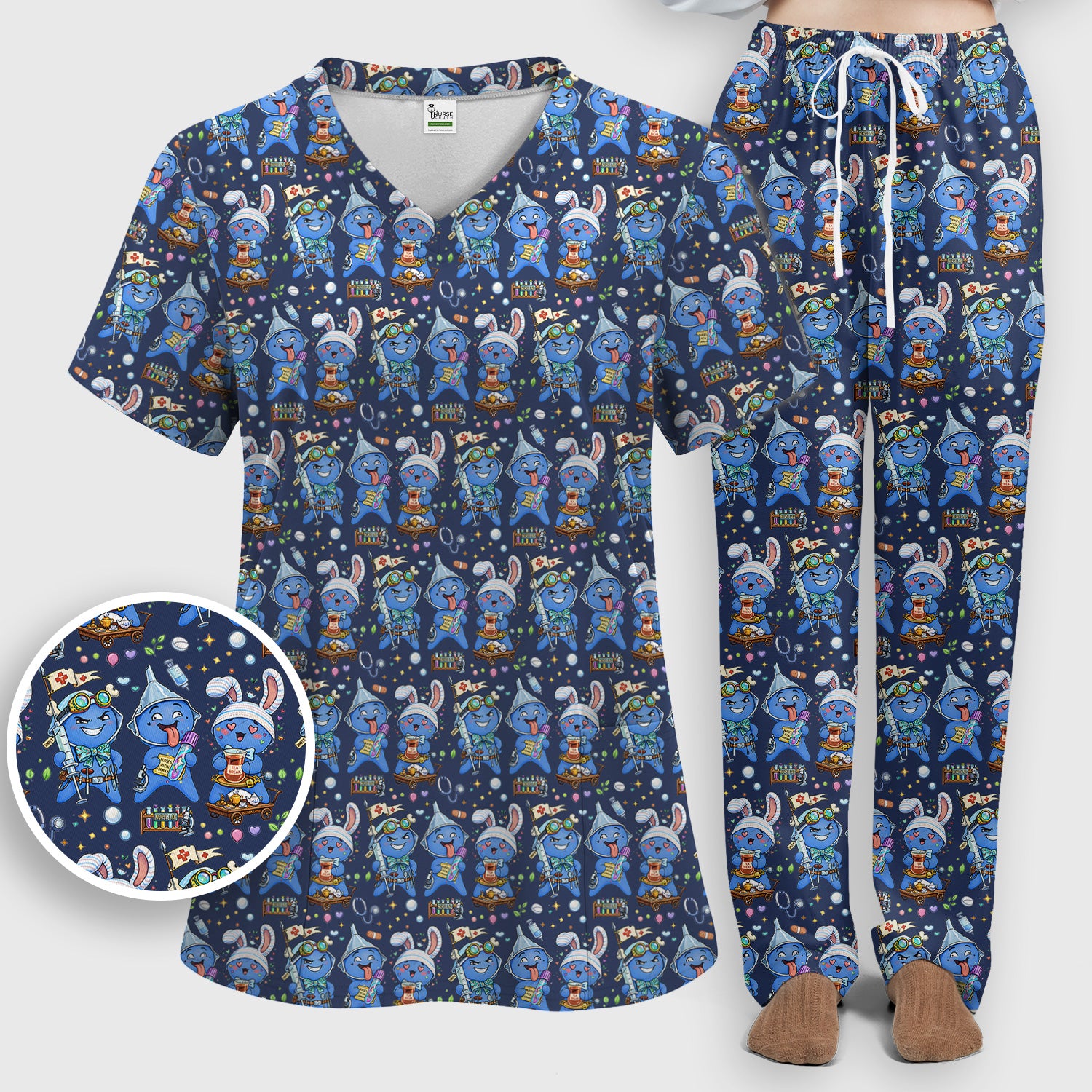 Cute Glove Doll Hospital Medical Cartoon Nurse Pattern Scrub Set, Women's Scrub Sets