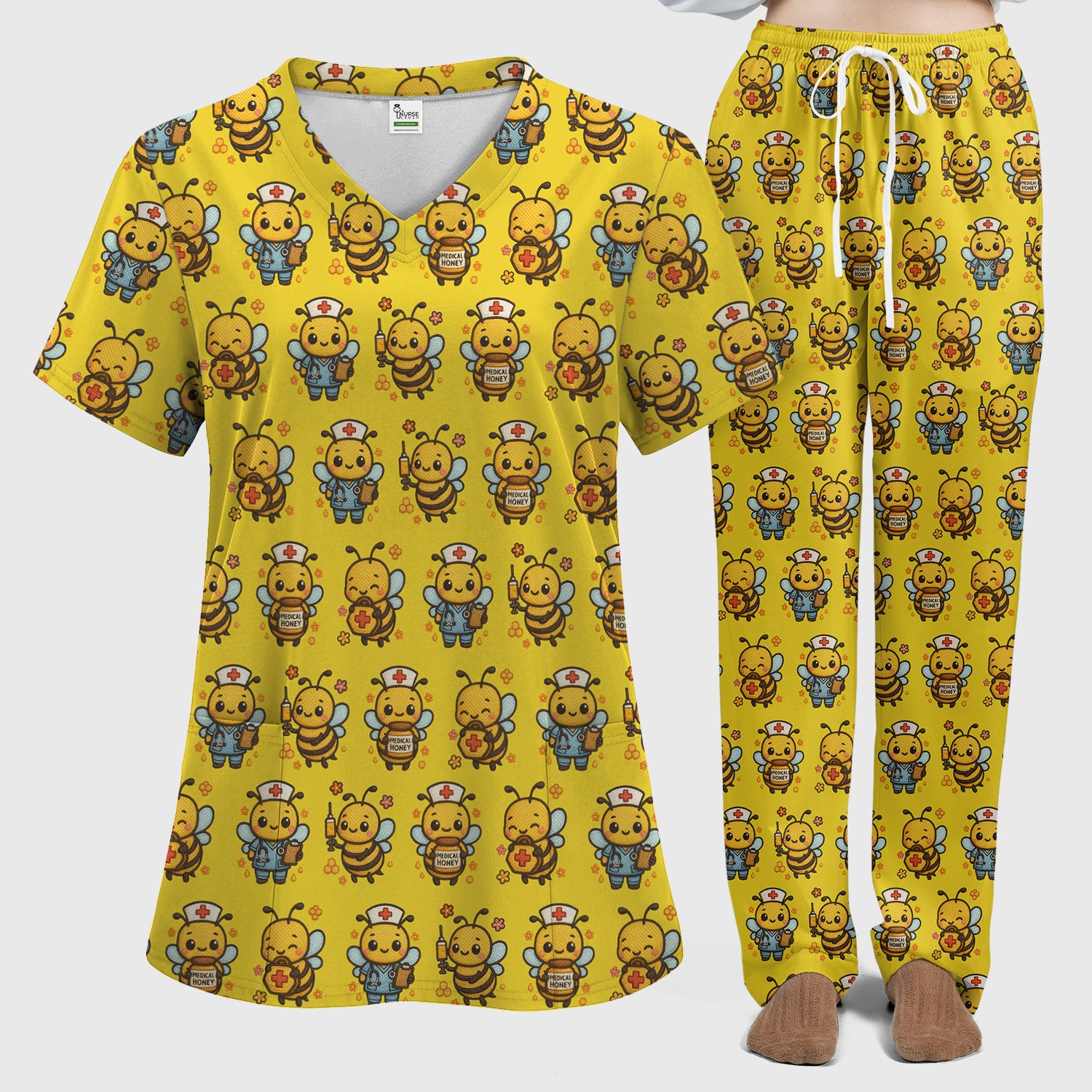 Cute Nurse Bee Scrub Set, Kawaii Medical Honey Bee Pattern Shirt for Nursing Professionals
