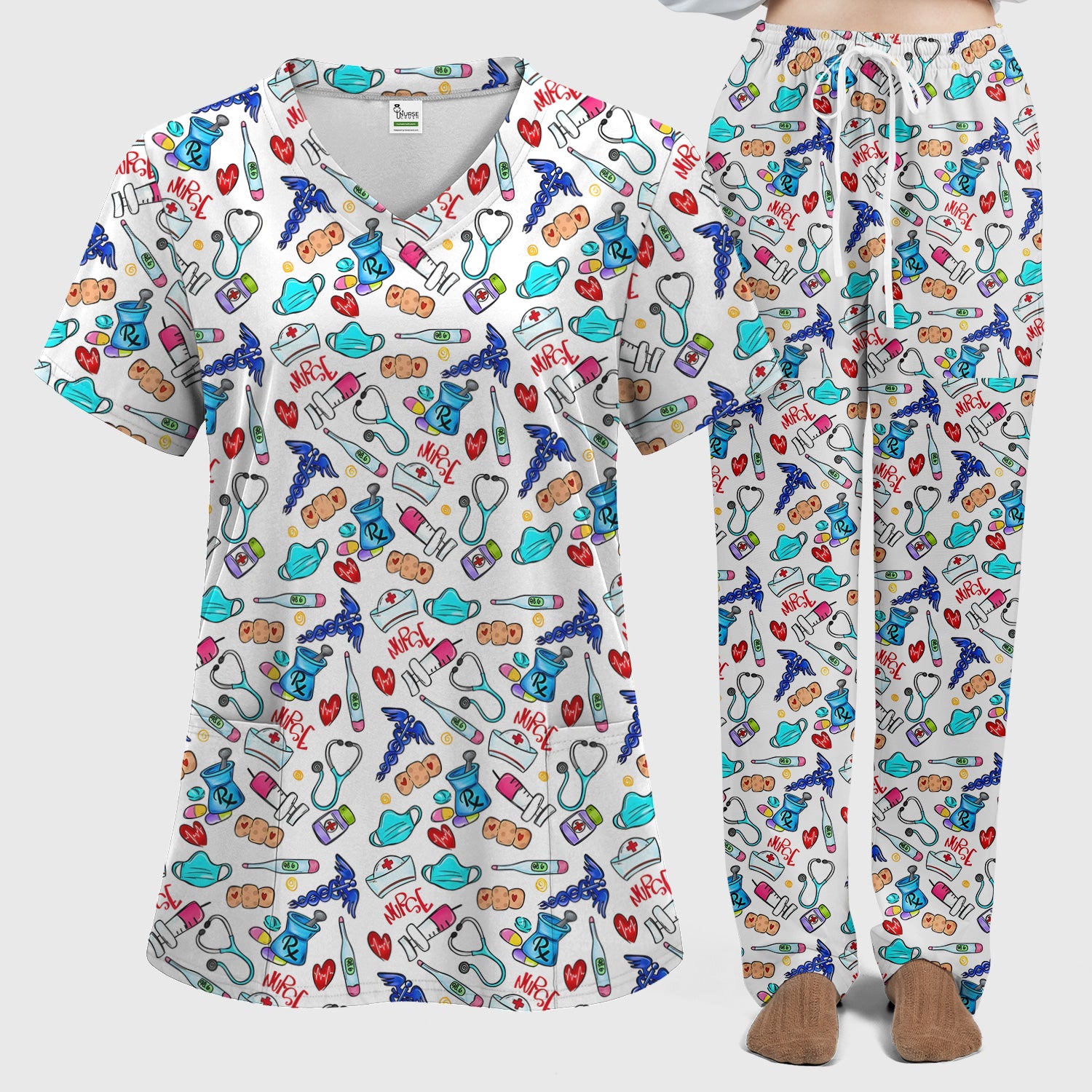 Nurse Medical Icons Stethoscope Heart Pattern Scrub Set, Scrub Pants and V Neck Top